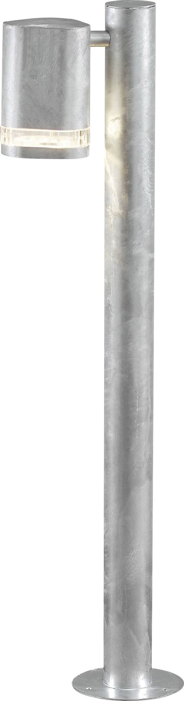 A metal outdoor bollard light fixture with a cylindrical post and a light at the top, designed for pathway or garden illumination.