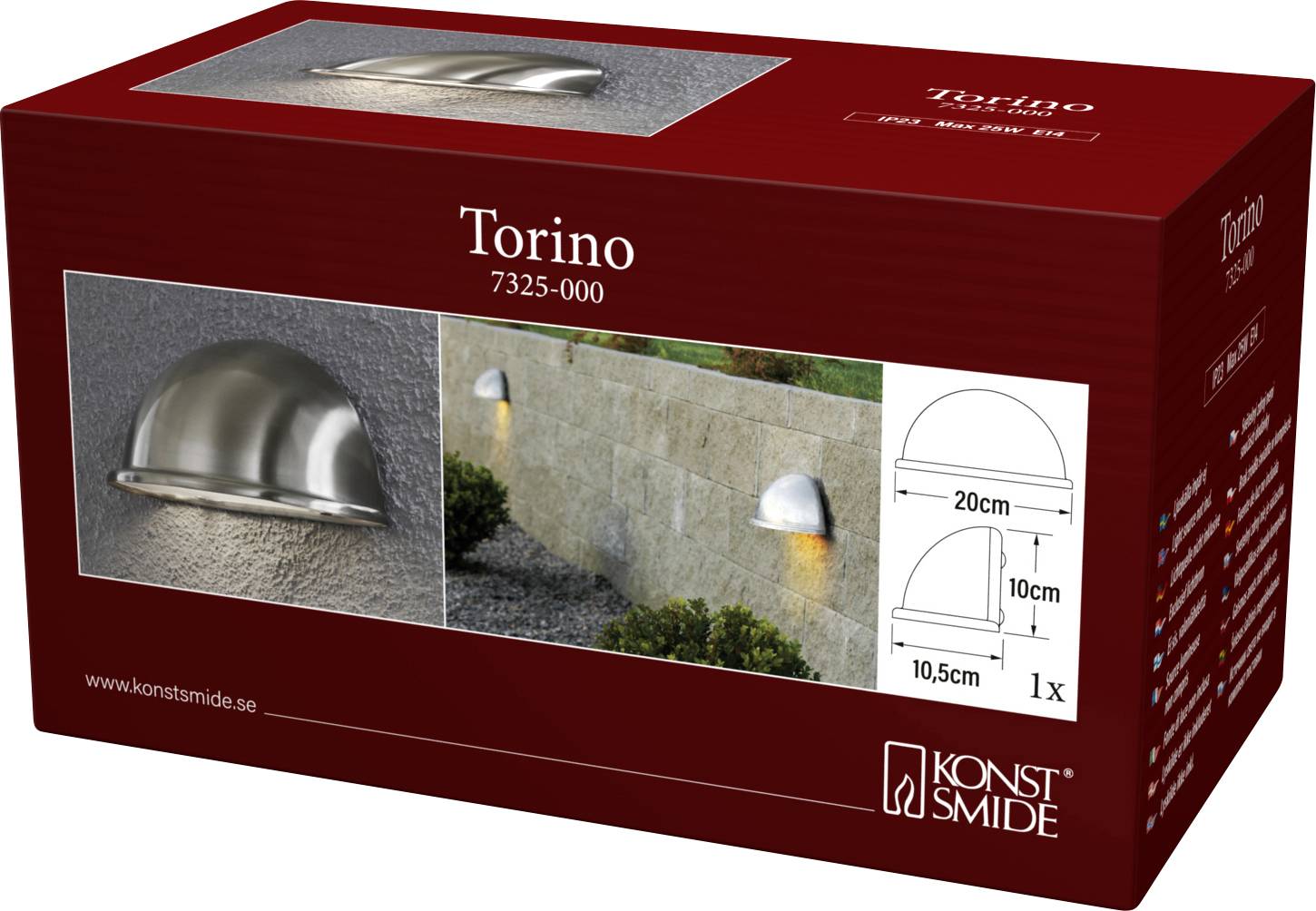 'Torino' outdoor wall light packaging box with product image and dimensions: 20cm width, 10.5cm height. Brand: Konstsmide. Model: 7325-000.