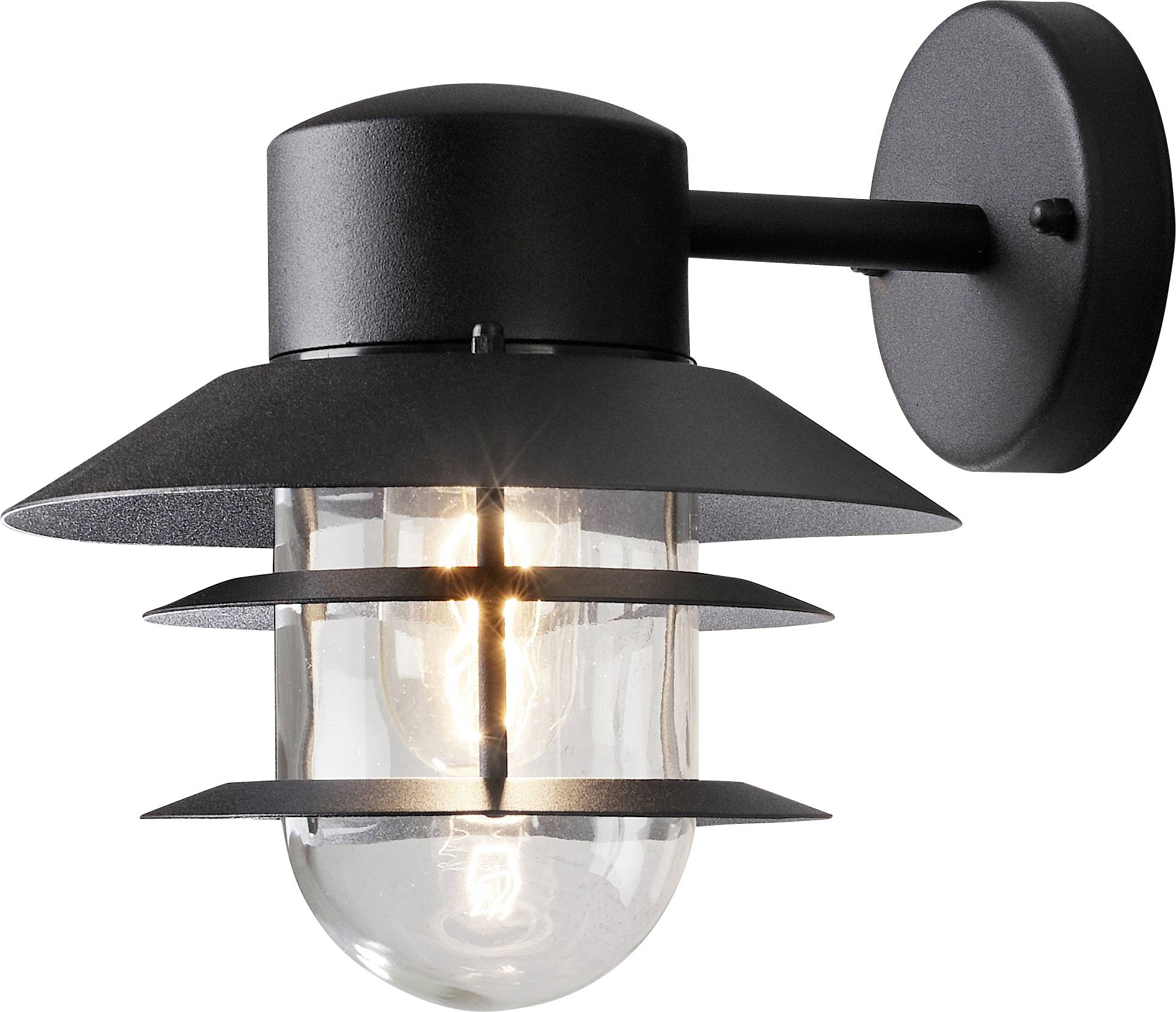 A black outdoor wall sconce with a clear glass shade and exposed bulb, featuring a modern design with horizontal metal slats.
