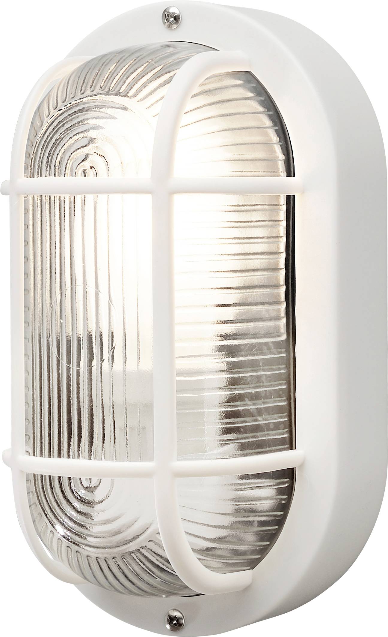 Oval white wall-mounted light fixture with a ribbed glass cover and metal guard.