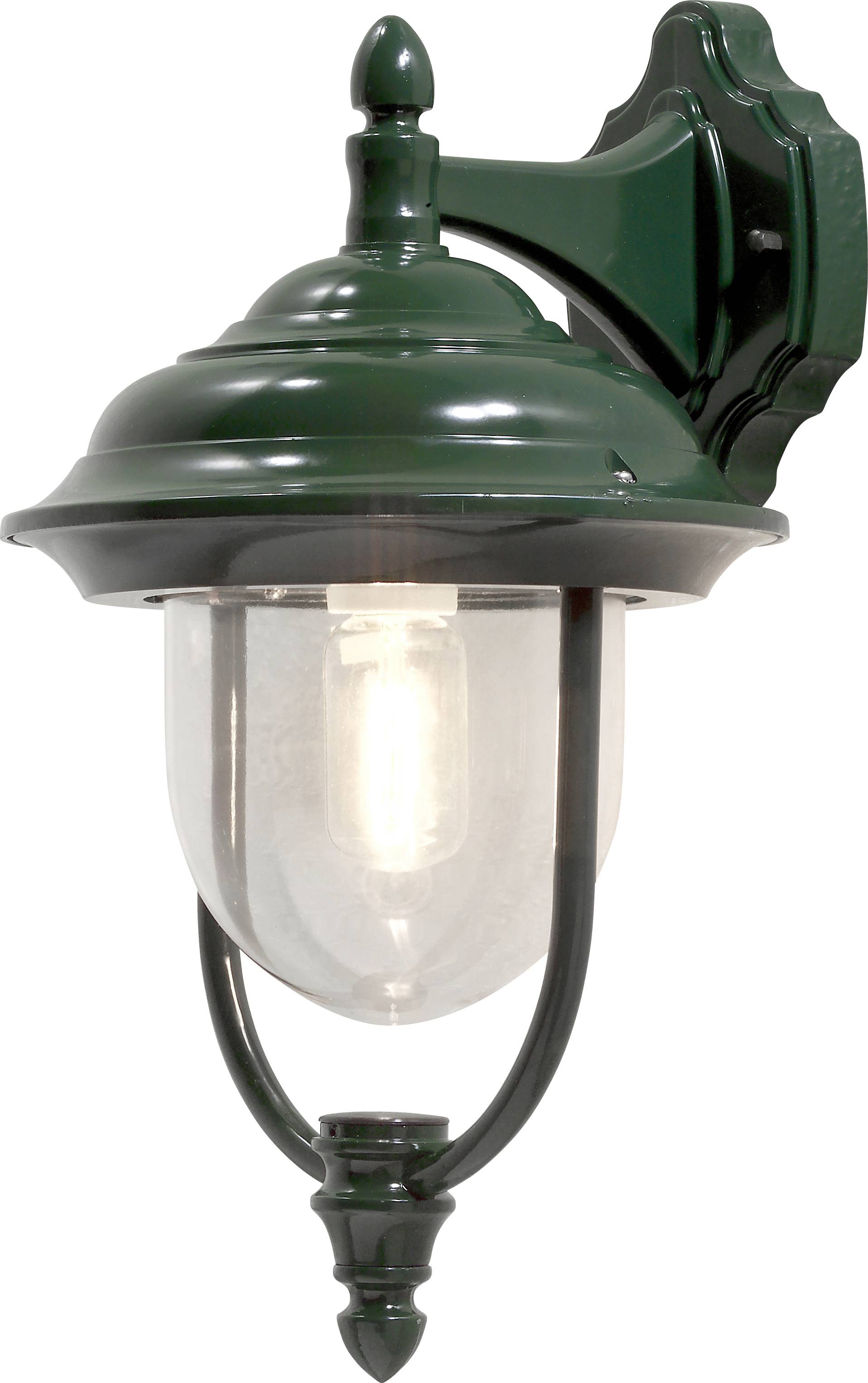 A traditional green outdoor wall lantern with a clear glass shade and a warm light bulb inside, mounted on a decorative bracket.