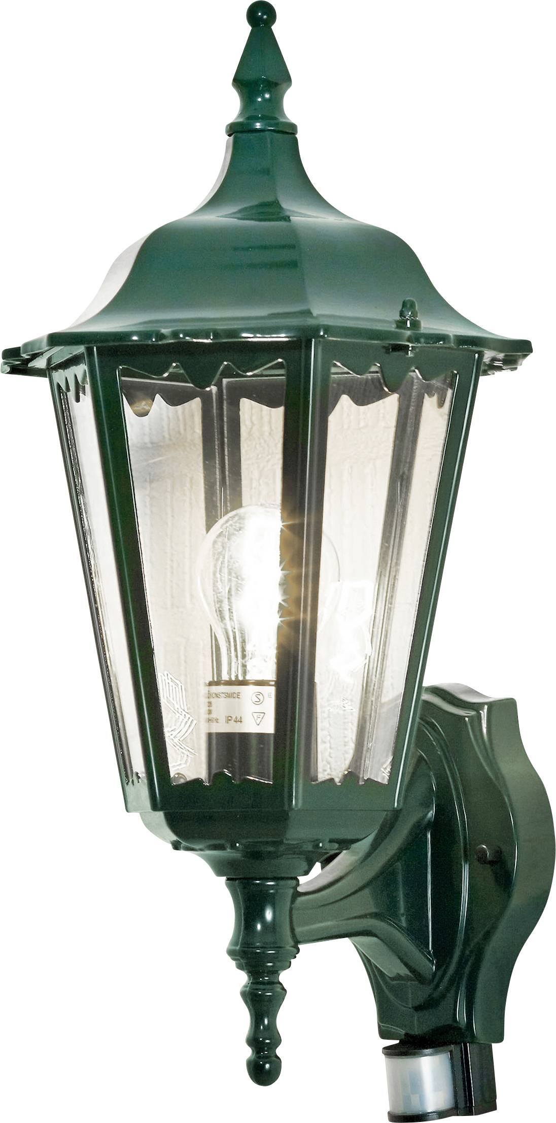 A green vintage-style outdoor wall lantern with a visible light bulb, featuring a decorative finial and clear glass panels.