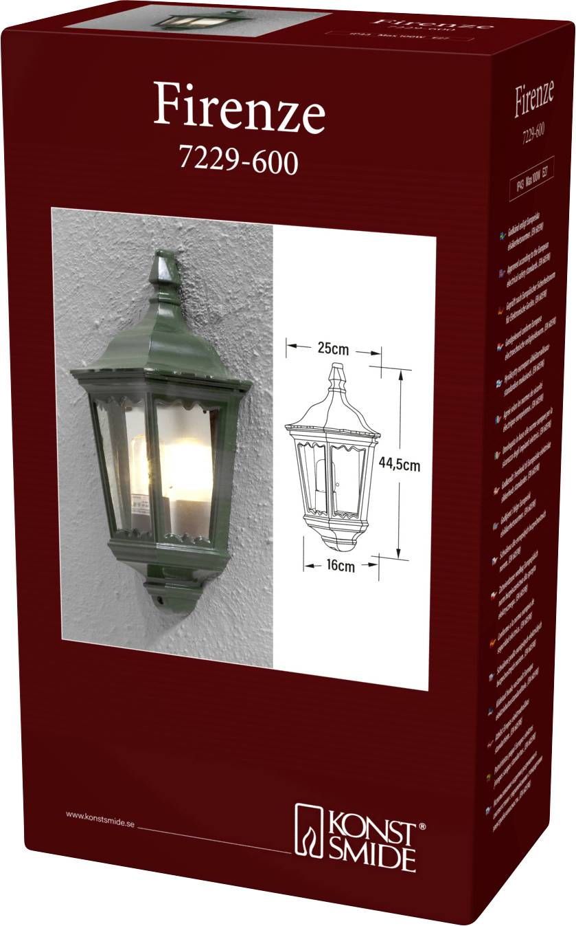 'Firenze 7229-600' wall lantern packaging, showing a mounted lantern with dimensions: 25cm width, 44.5cm height, 16cm depth.