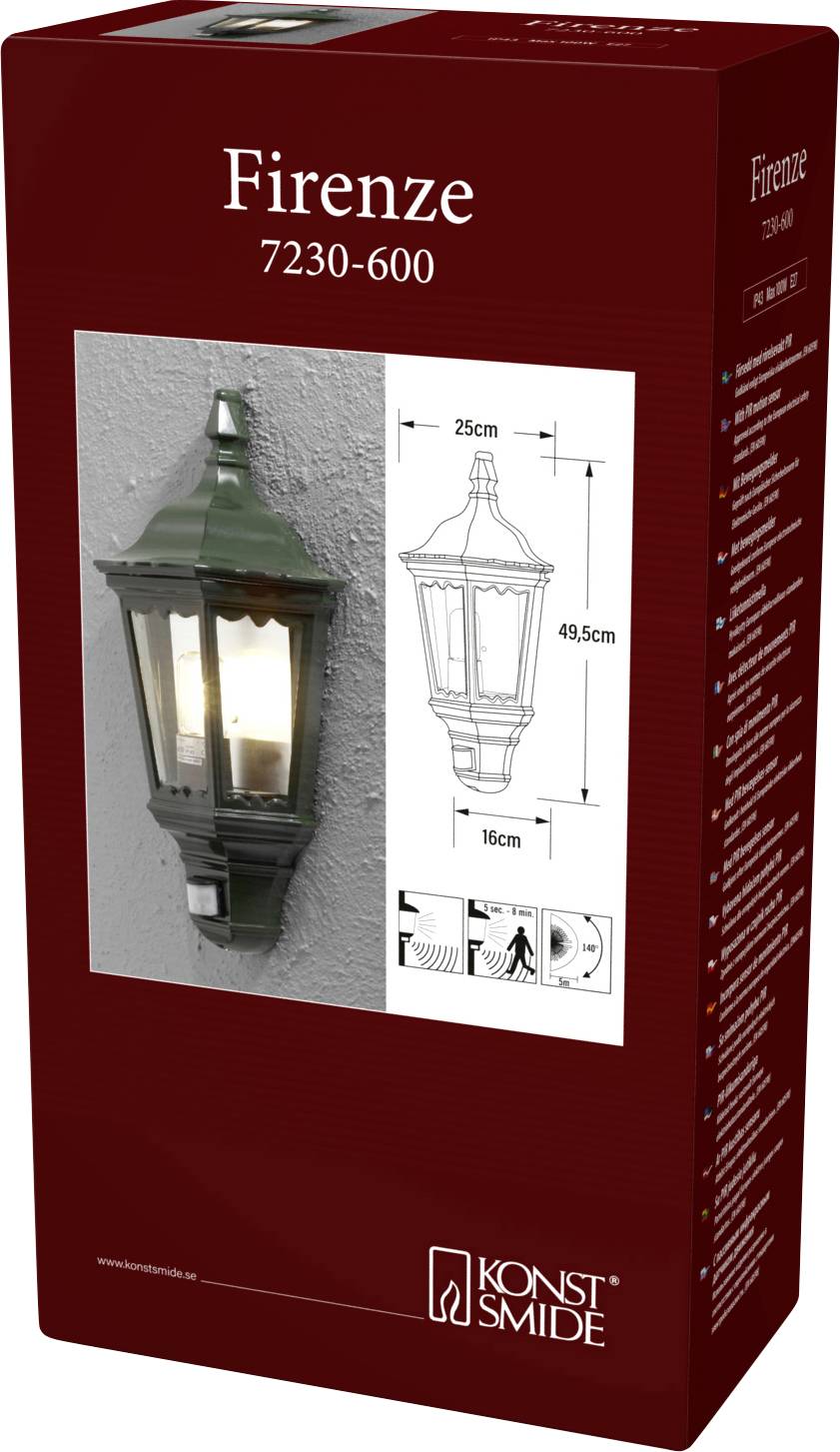 'Firenze 7230-600' outdoor wall lantern box showing product image, dimensions (25cm x 49.5cm), and Konst Smide branding.