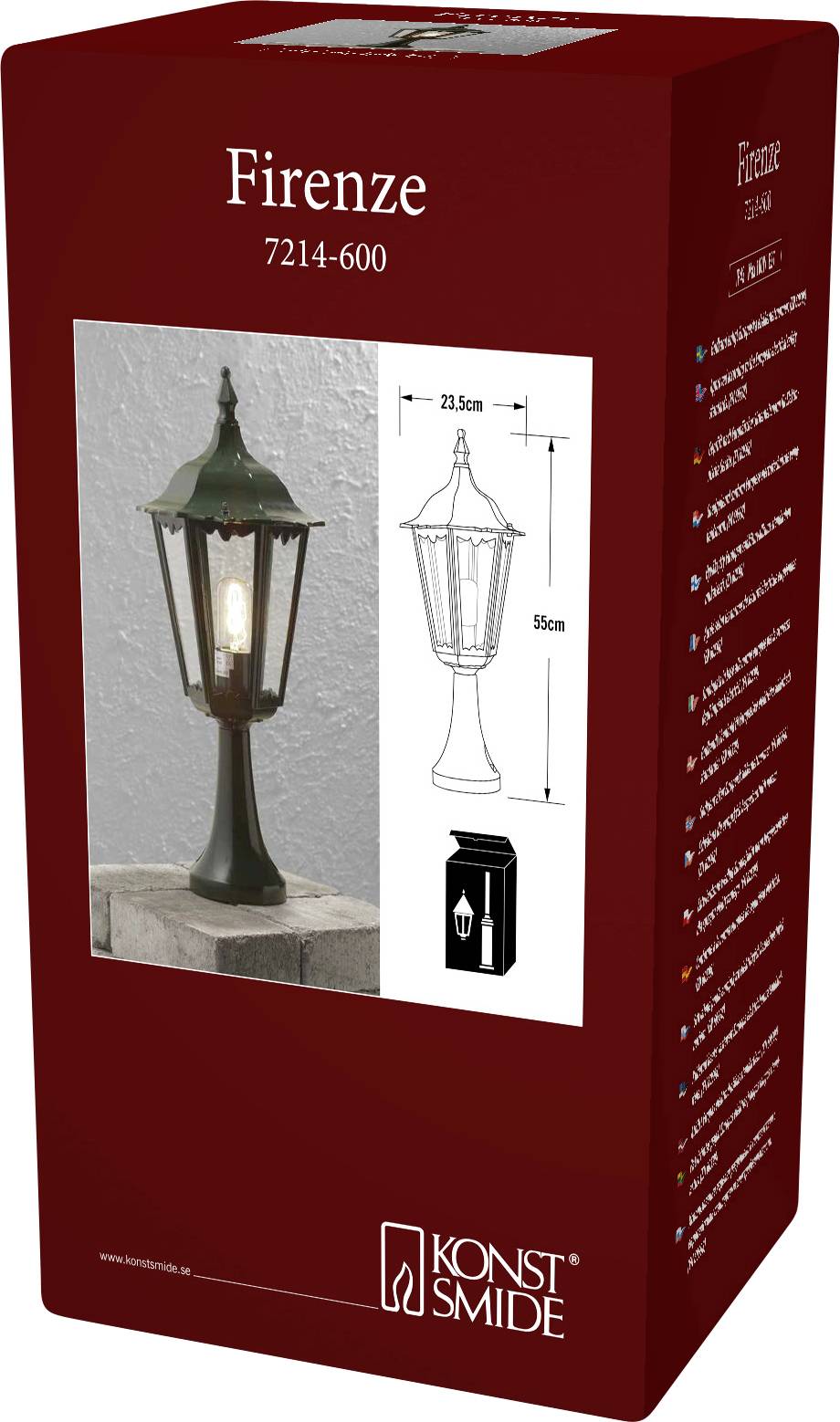 A red box labeled 'Firenze 7214-600' features an image and technical drawing of a black outdoor lantern measuring 50 cm in height.