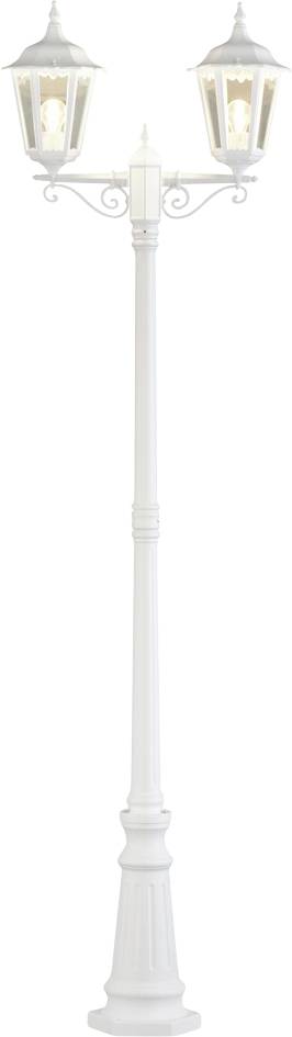 An ornate white street lamp with three lanterns in a classic design, featuring decorative details on the post.