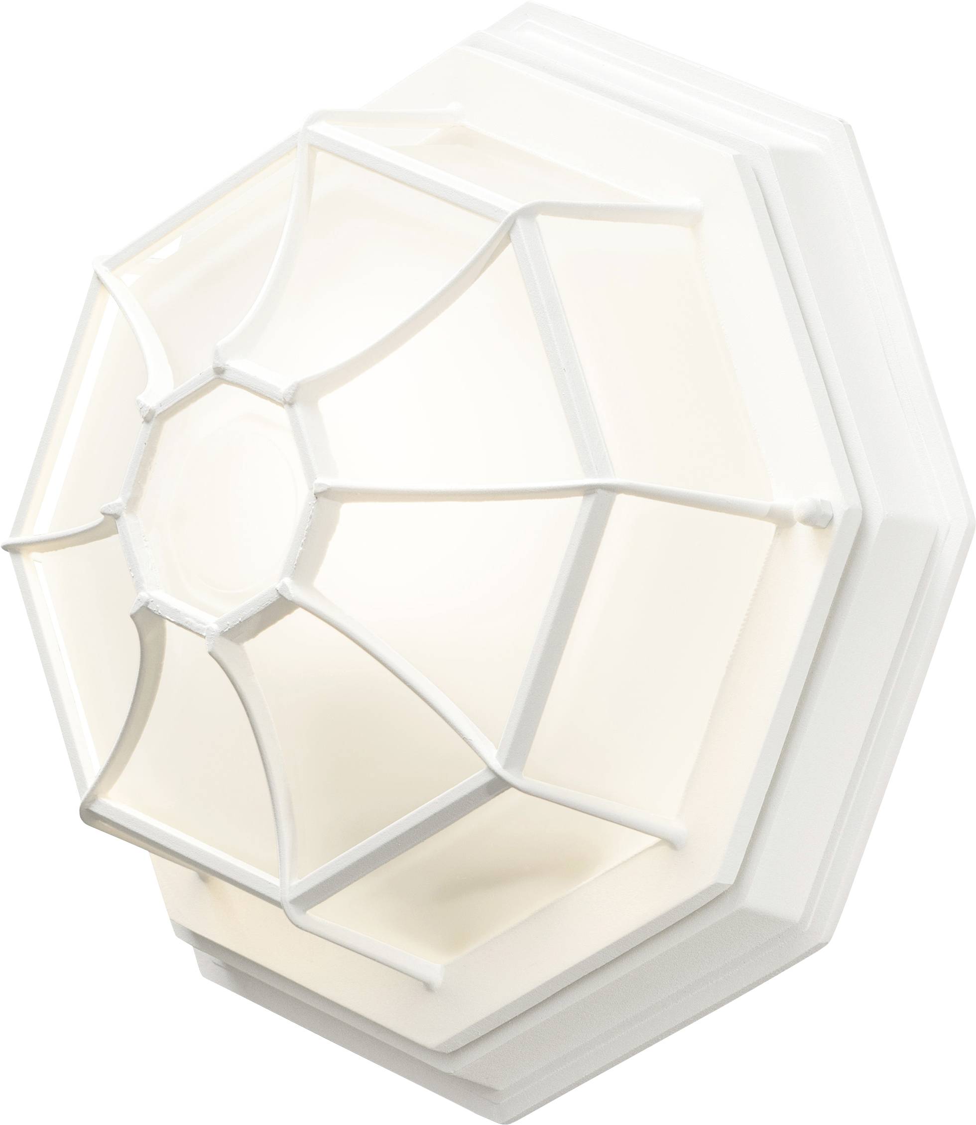 A white, octagonal wall sconce with a web-like design, illuminated from within.