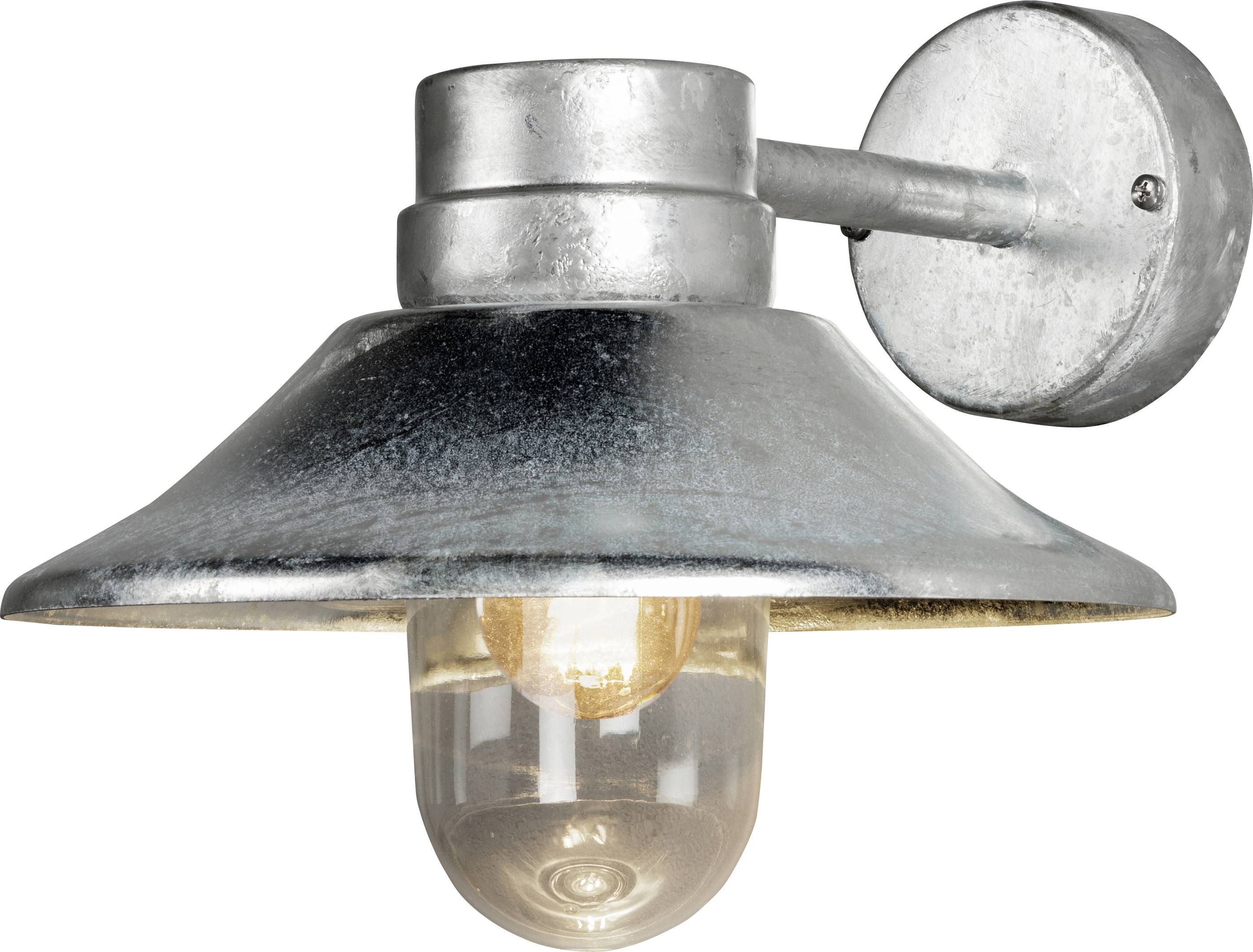 Industrial-style wall-mounted light fixture with a metallic, weathered finish and a clear bulb enclosure.
