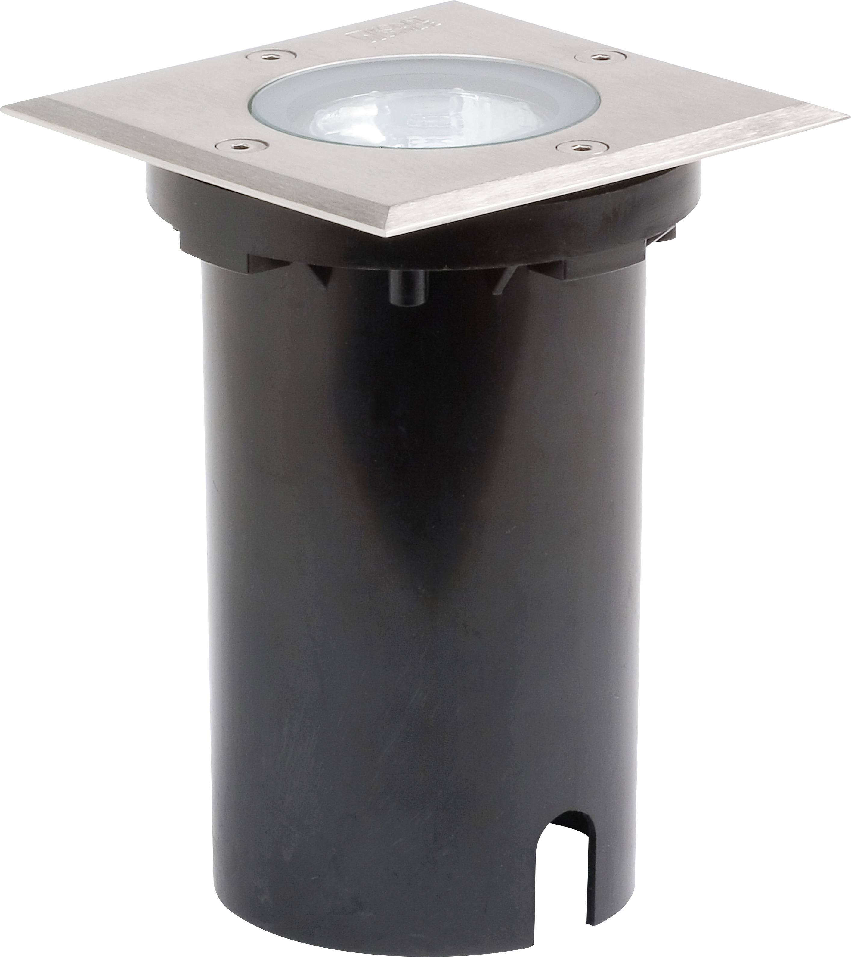 A black cylindrical outdoor ground light with a stainless steel square top and a round glass cover, designed for landscape illumination.
