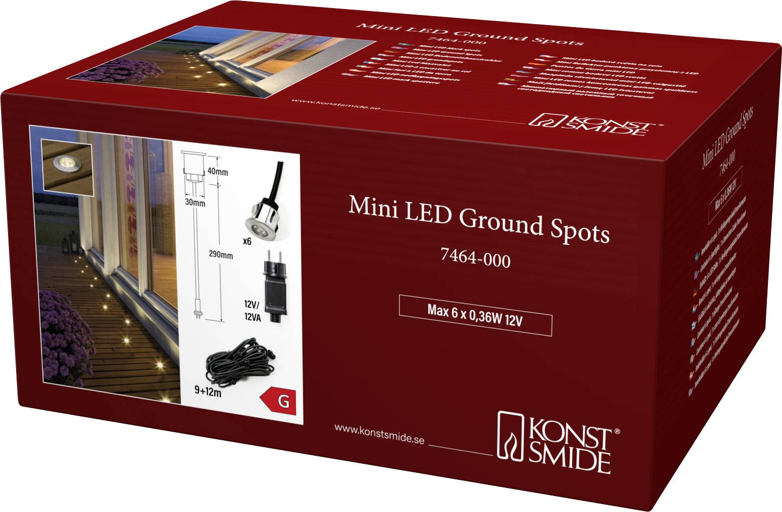 'Mini LED Ground Spots, 7464-000, Max 6 x 0.36W 12V'. Package includes image of ground spots near a wooden deck and technical details.