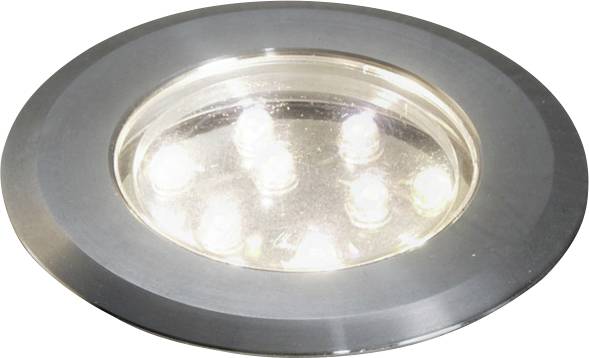 A round LED downlight with a silver rim, featuring seven bright bulbs, typically used for ceiling installations to provide focused illumination.