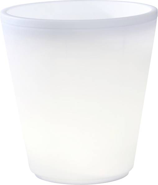 A white, plastic cup with a smooth surface, slightly tapered shape, and rounded rim, standing upright on an even surface.