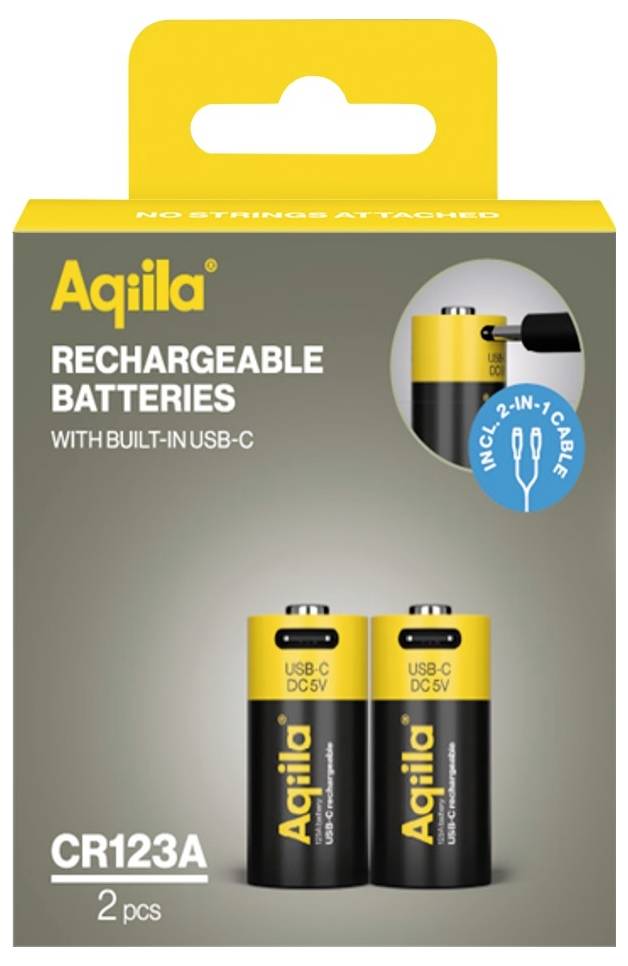 Two cylindrical black and yellow USB-C rechargeable batteries labeled 'Aquila', '123A Battery', and 'USB-C DC 5V' in bold text.