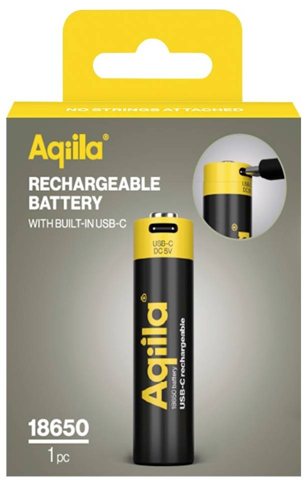 USB-C rechargeable 18650 battery, Aqila brand, black with yellow top, labeled for 5V DC.