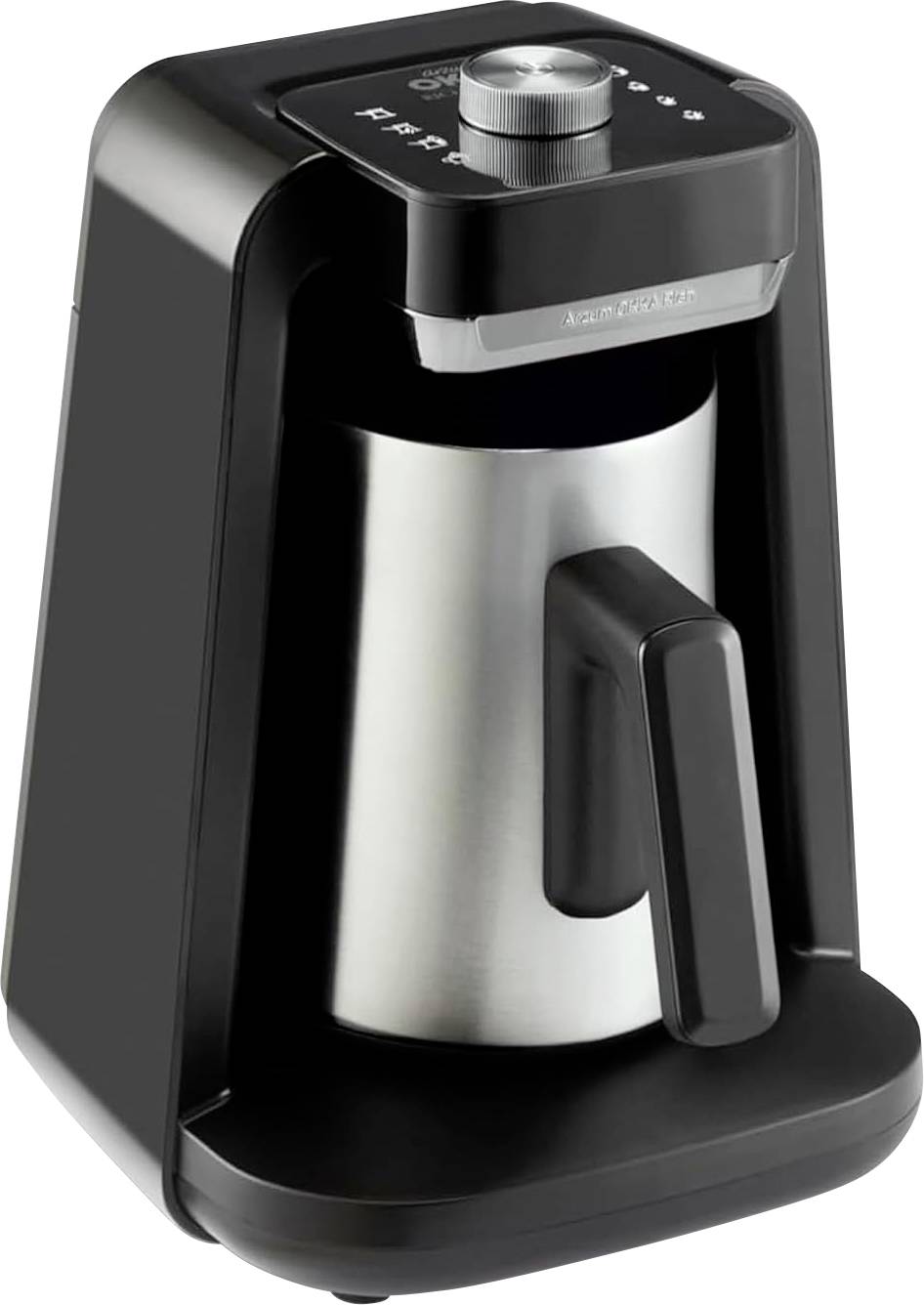 A sleek black and silver coffee maker with a knob and buttons on top for settings, featuring a stainless steel carafe with a handle.