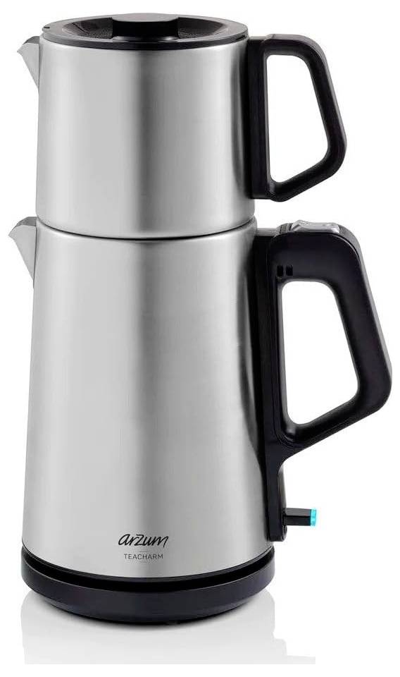 Stainless steel electric kettle with a modern design, featuring a top teapot and bottom water compartment, both with black handles.