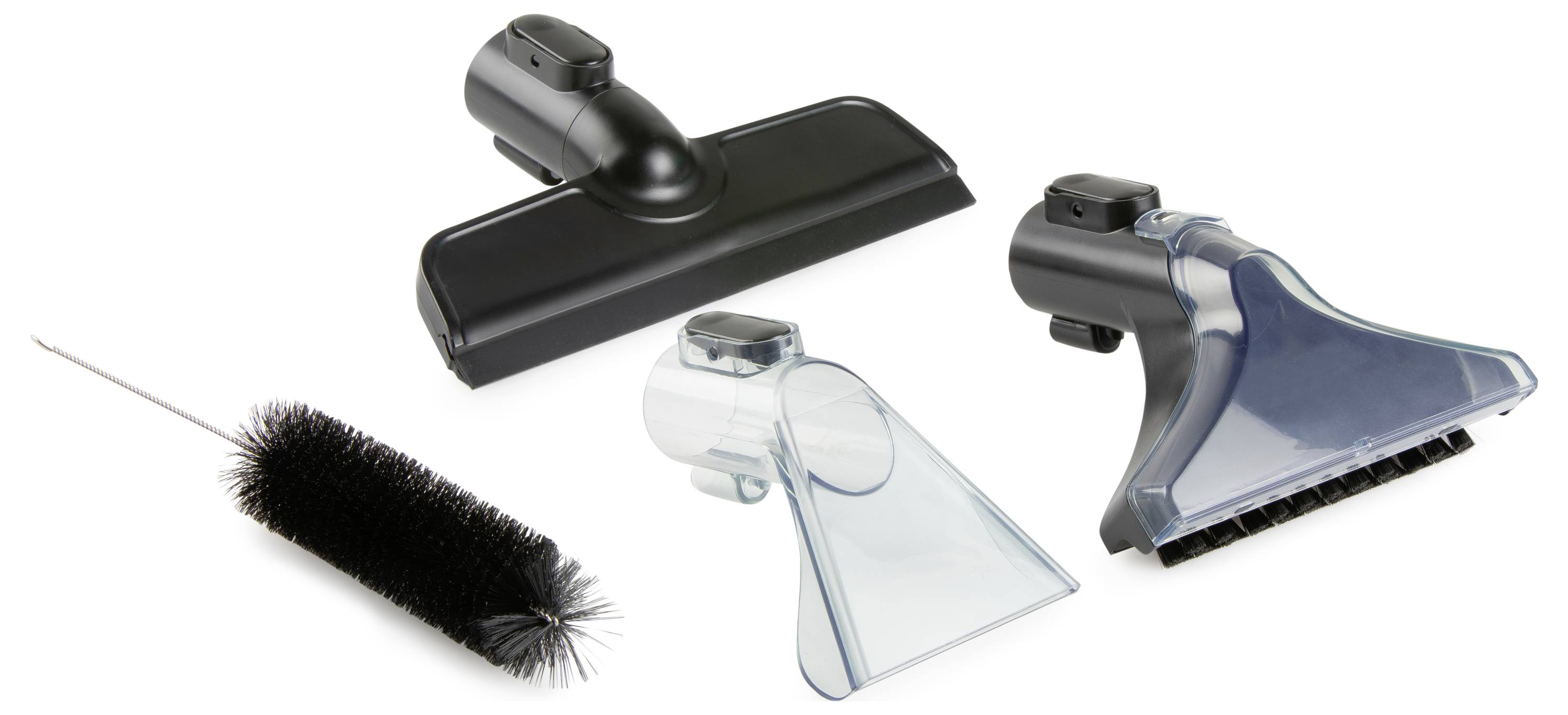 Vacuum cleaner attachments including a brush, wide nozzle, and two angled nozzles, designed for various cleaning tasks.