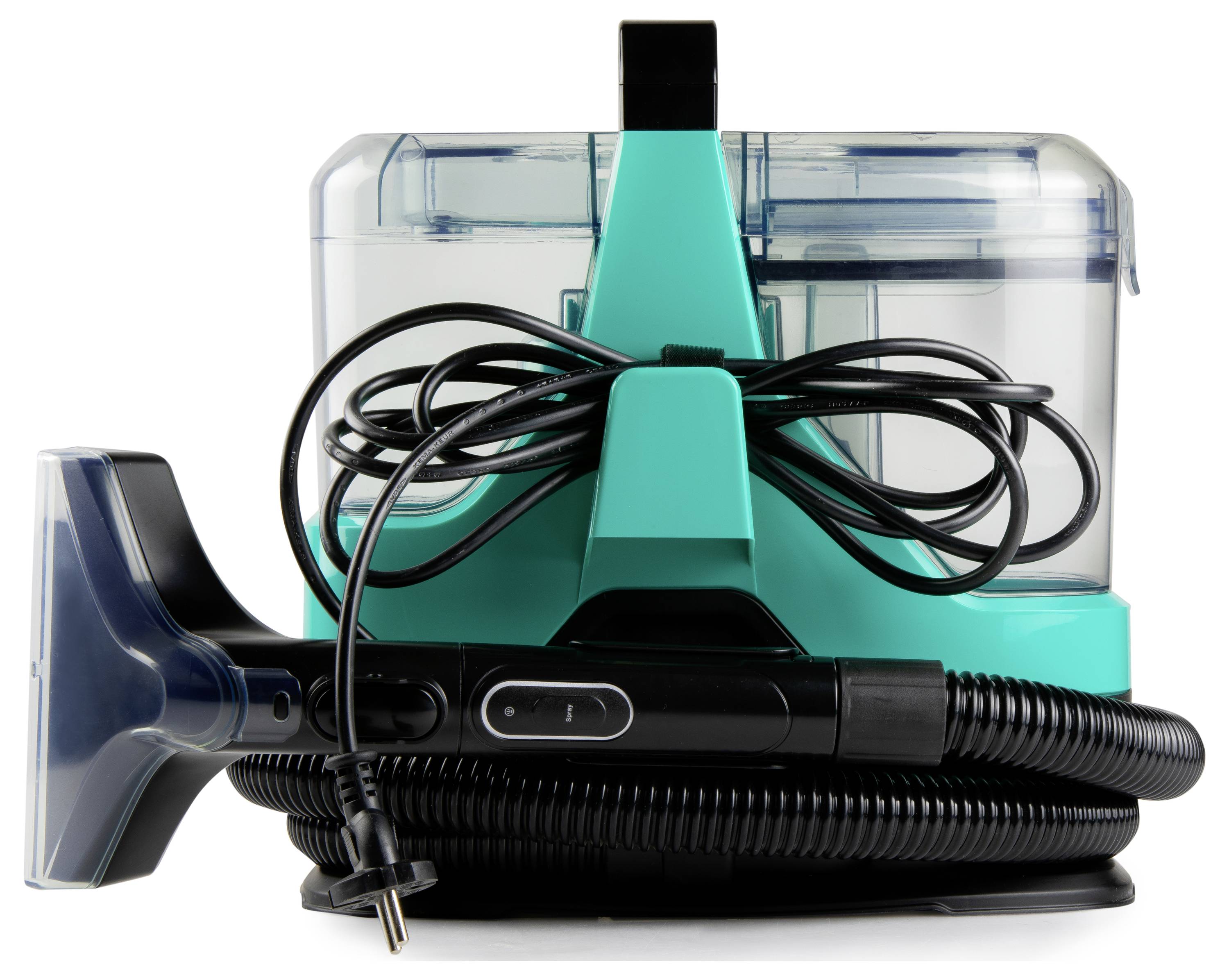 A turquoise portable carpet cleaner with a transparent water tank, a black hose, and a power cord wrapped neatly on the body.