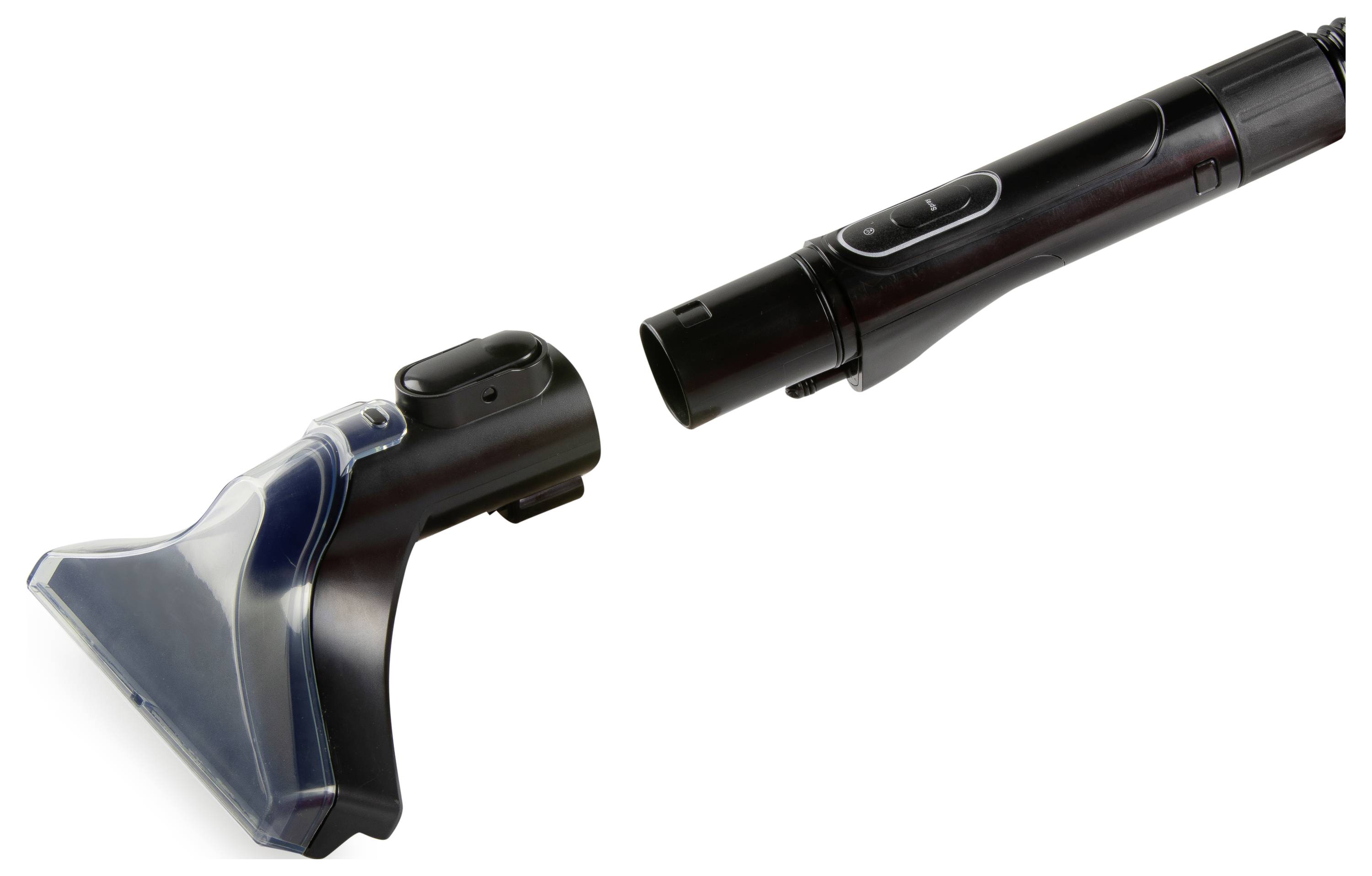 A vacuum cleaner attachment and nozzle separated, showcasing their design and connection points.