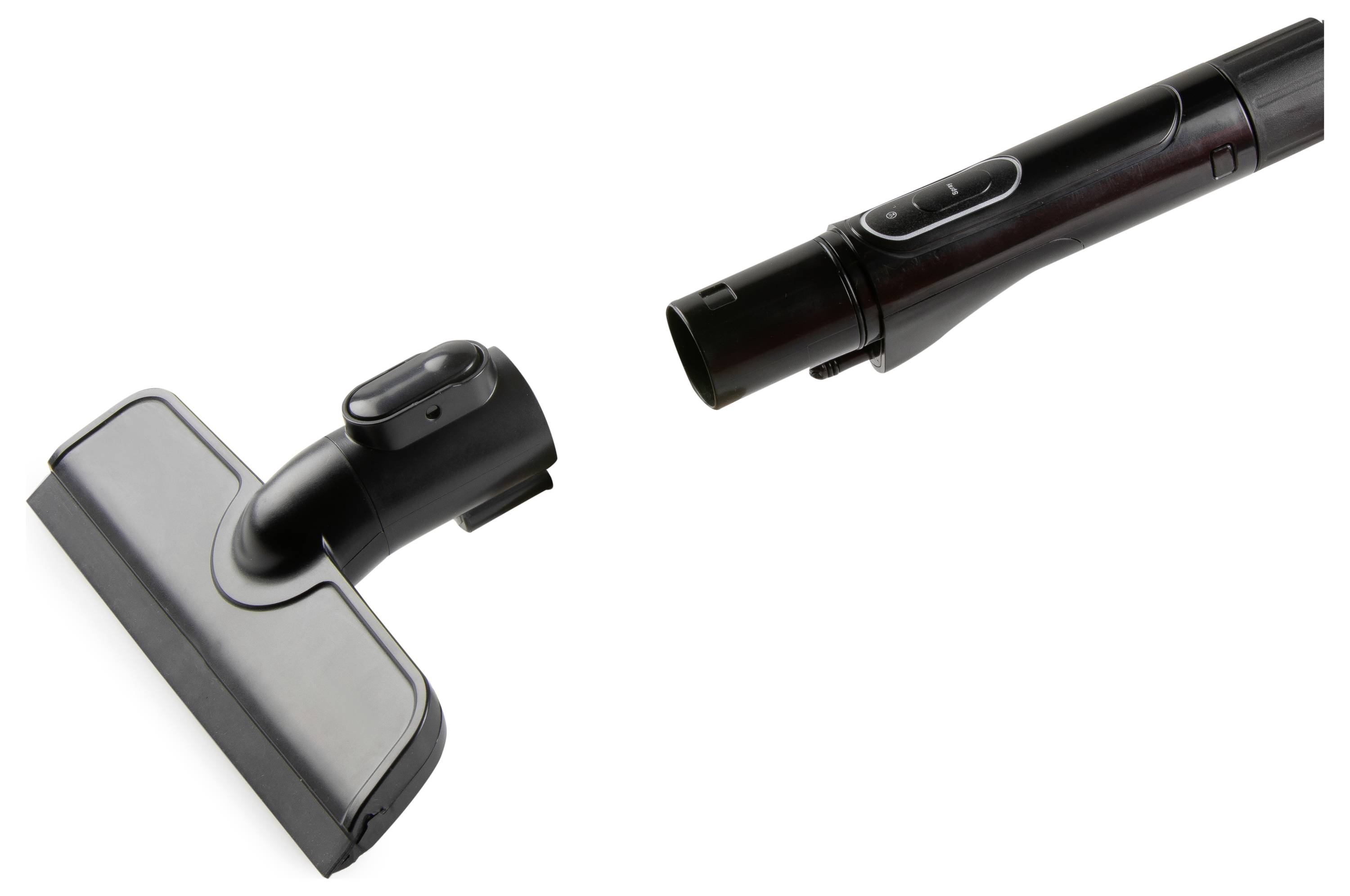 A vacuum cleaner floor attachment and wand, highlighting the nozzle and connection areas for cleaning versatility.
