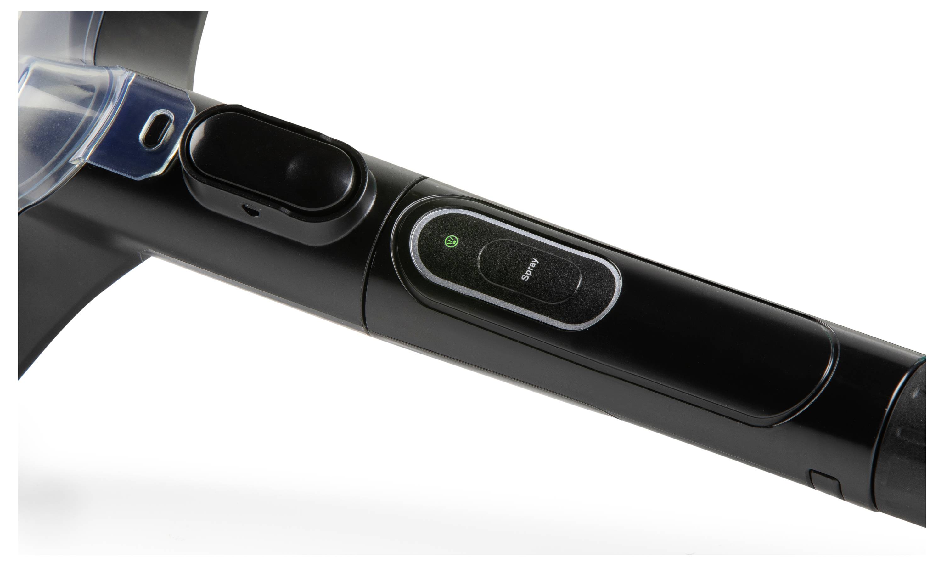 A close-up of a black vacuum cleaner handle with a power button and control panel, showing part of the transparent dustbin attachment.