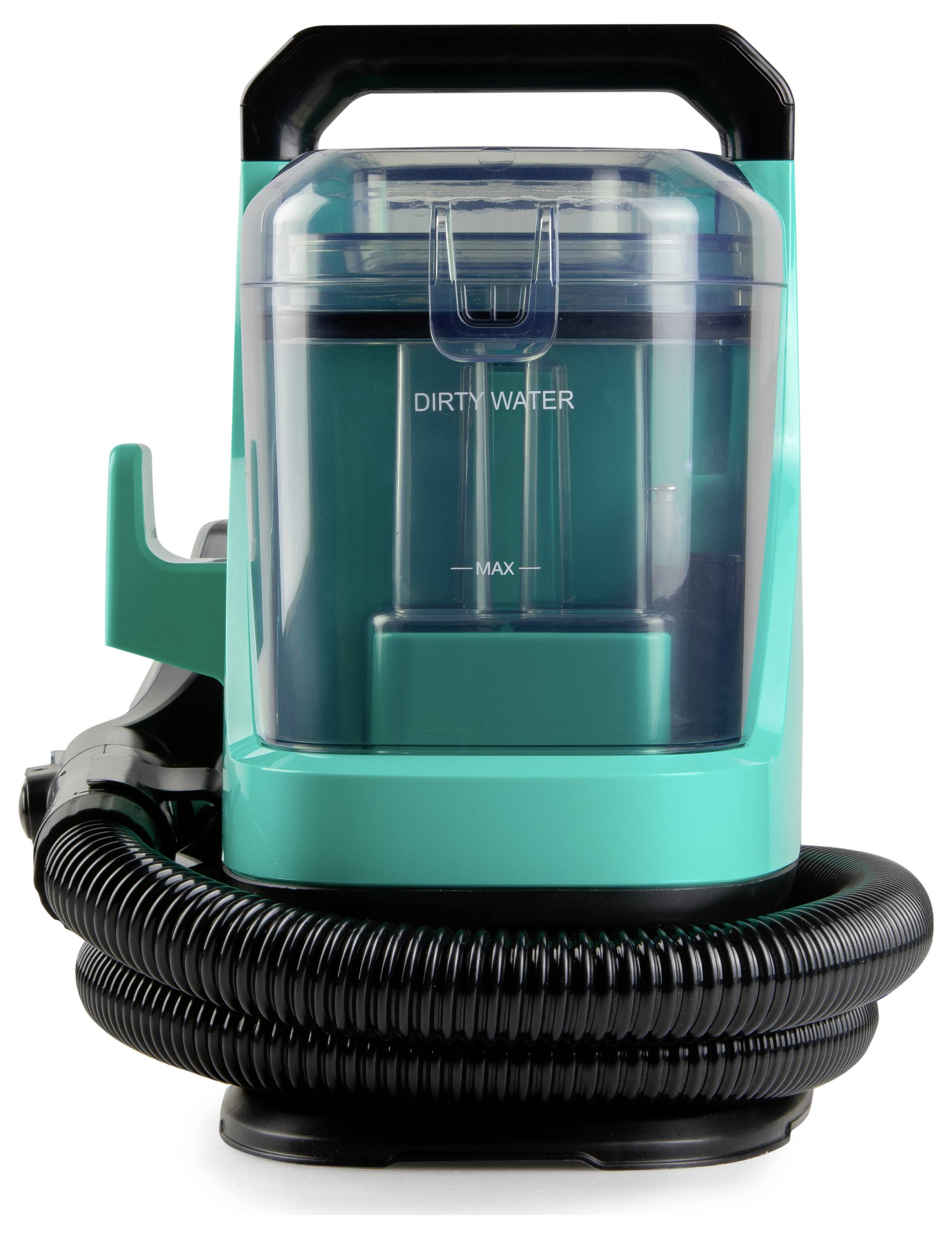 A turquoise portable carpet cleaner with a black hose, labeled 'Dirty Water', indicating its maximum fill line.