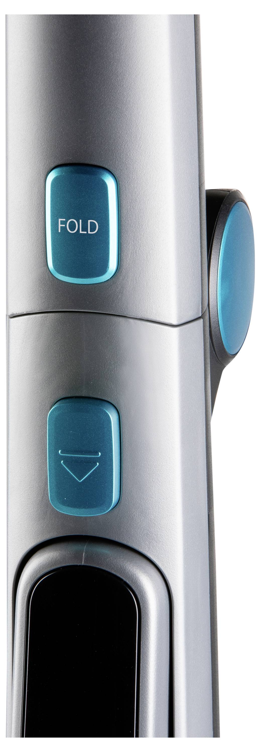 Close-up of a folding mechanism on a metallic device with teal buttons labeled 'FOLD' and featuring a downward arrow.