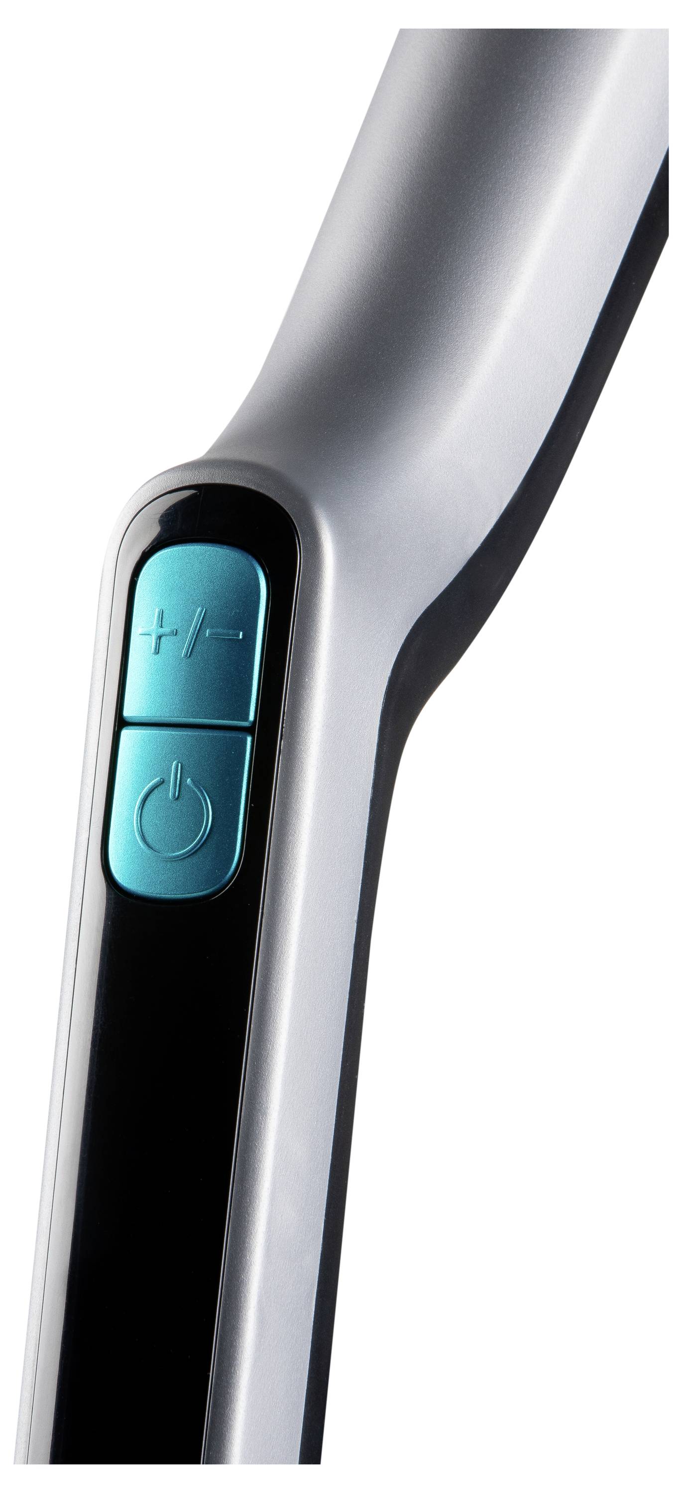 A close-up of a metallic handheld device with blue buttons for power and volume control.