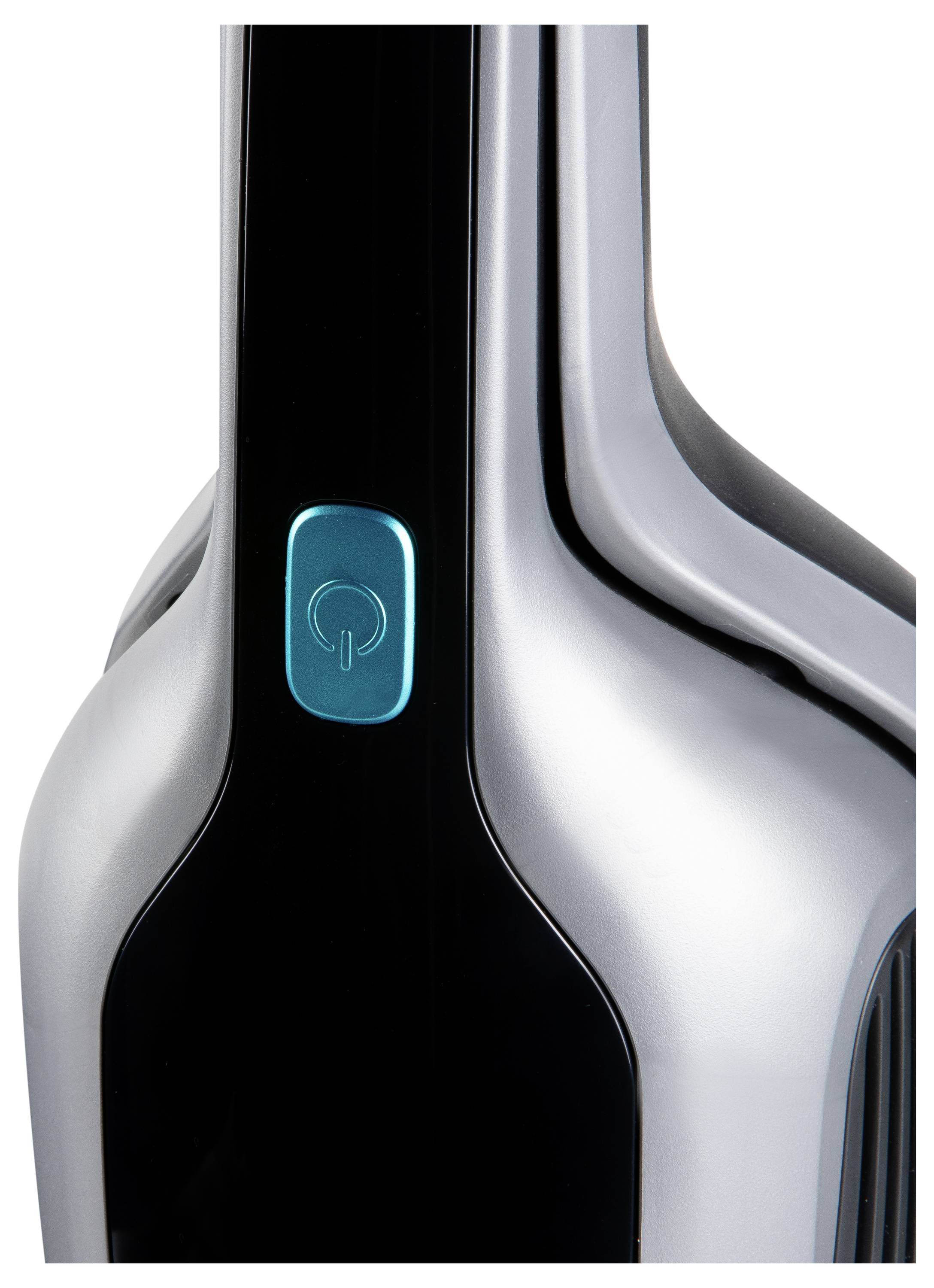 Close-up of a sleek, modern device with a prominent power button on its side, featuring a shiny metallic and black finish.