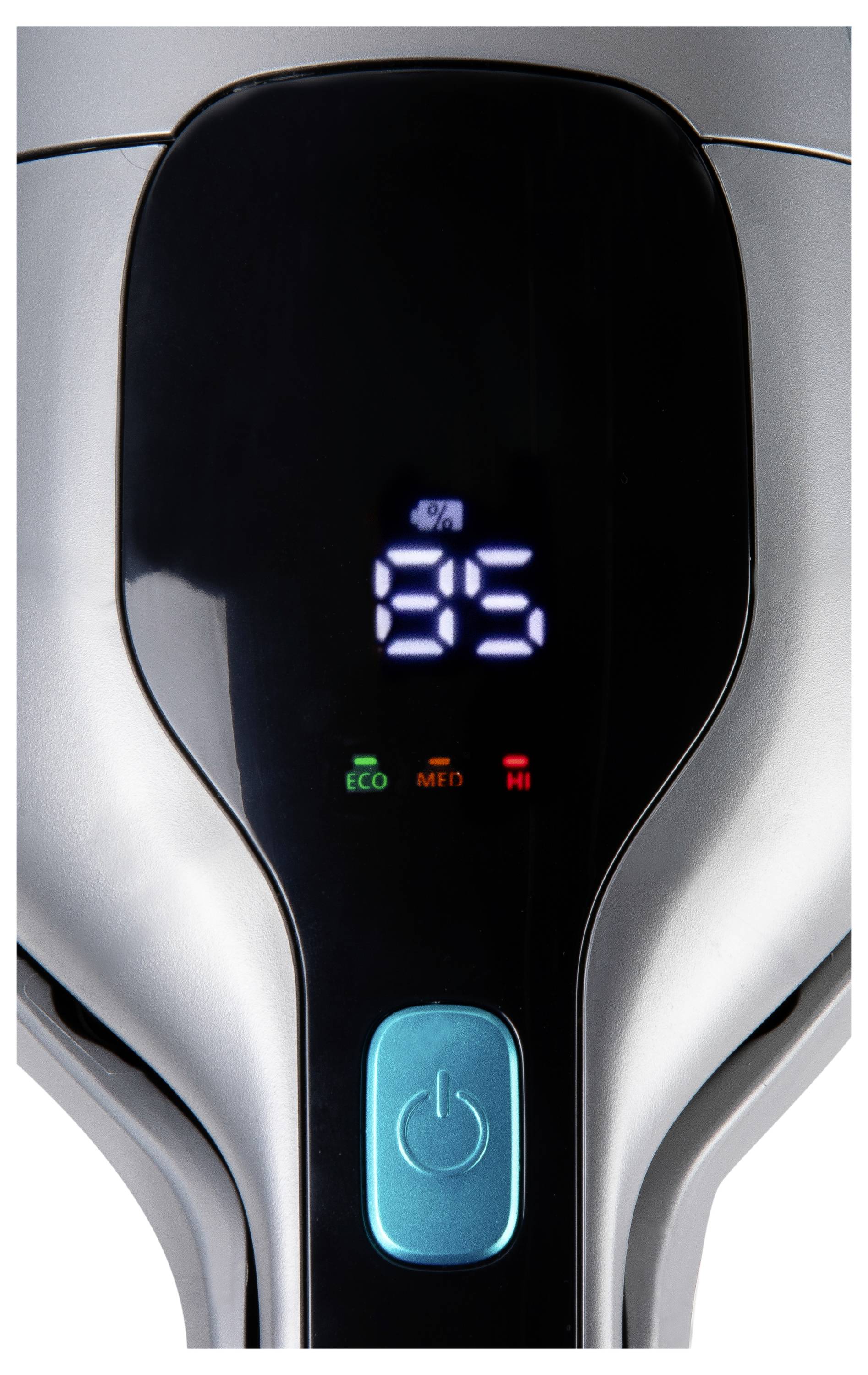 A digital display showing '85%', with three indicator lights labeled 'ECO', 'MED', and 'HI' above a teal power button on a silver device.