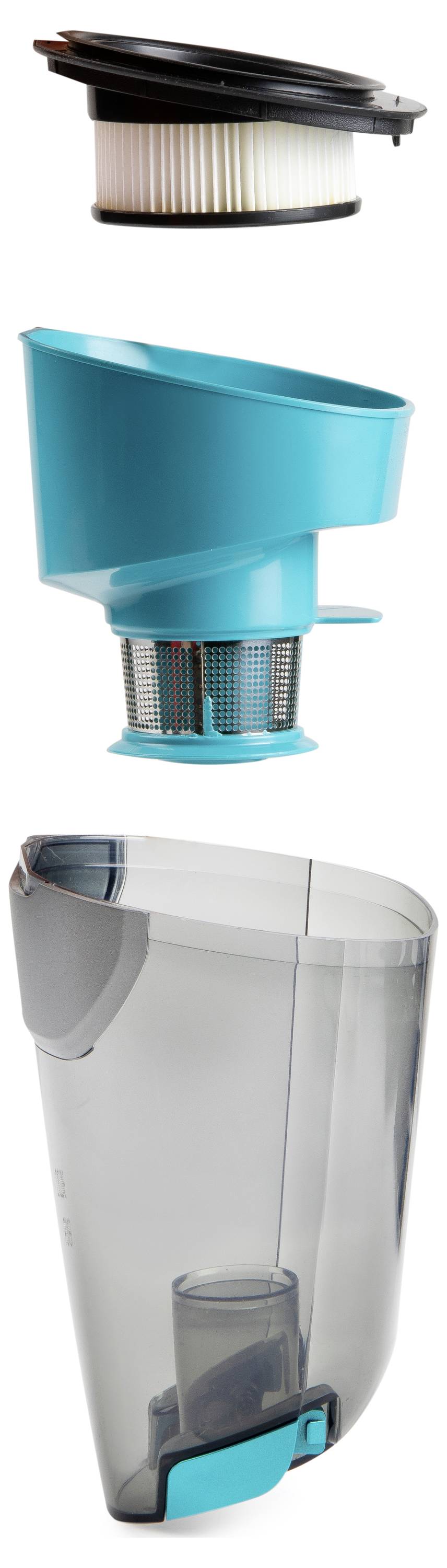 Components of a vacuum cleaner: a filter, a blue cyclone separator, and a clear dust collection bin with a smaller compartment inside.