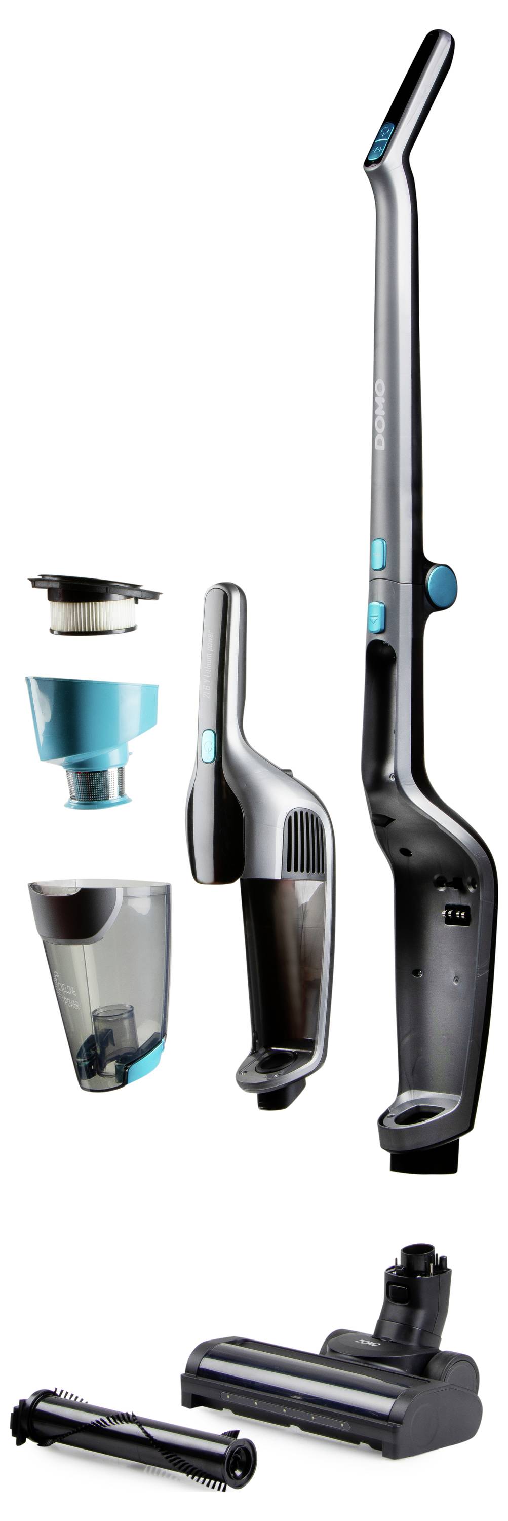 A cordless vacuum cleaner with detachable parts, including a handle, dust container, filter, and floor attachment, shown separately.