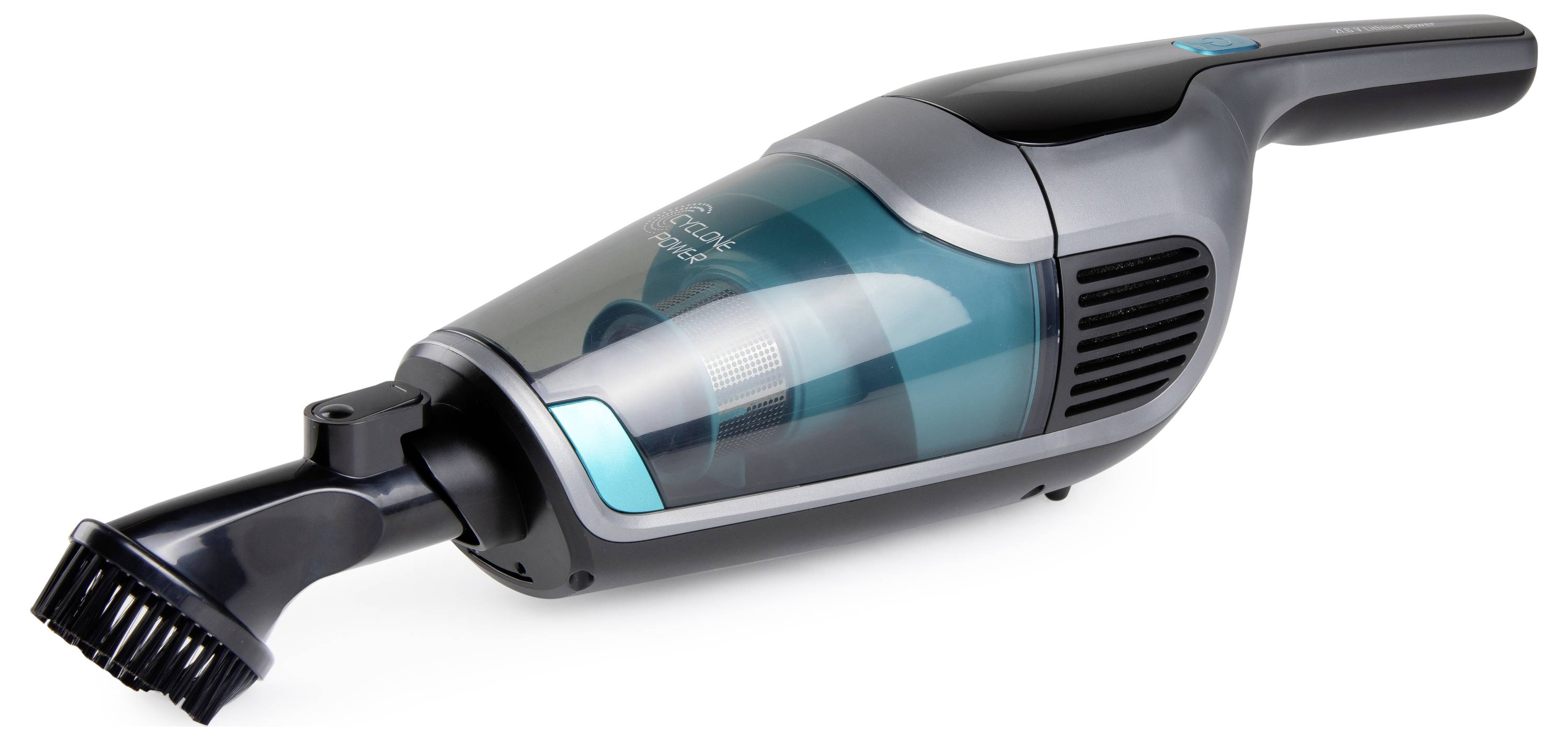Handheld vacuum cleaner with a clear dust container and attached brush head for cleaning surfaces.