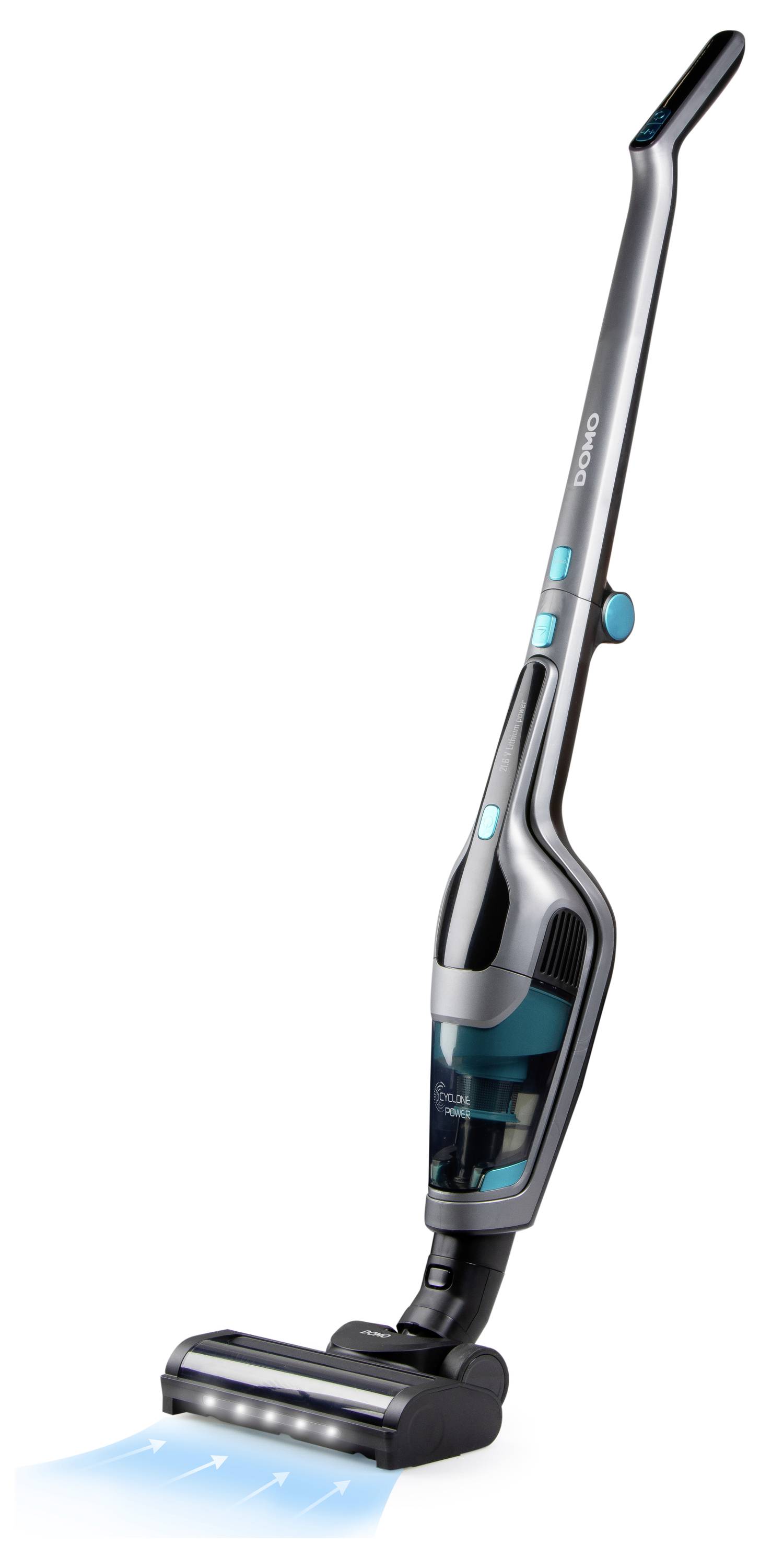 A cordless vacuum cleaner with LED lights on the floor nozzle, showing a sleek design and blue accent buttons.