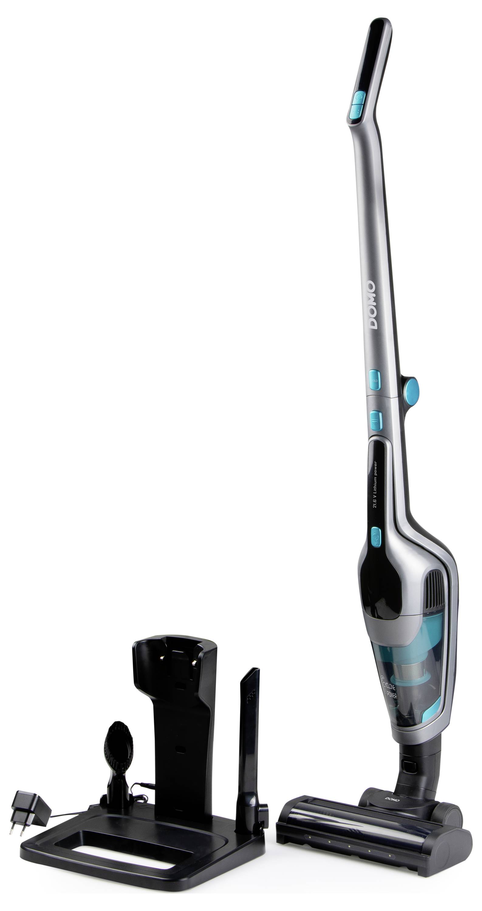 A cordless stick vacuum cleaner with a sleek design, shown with a charging stand and adapter, offers convenient home cleaning solutions.