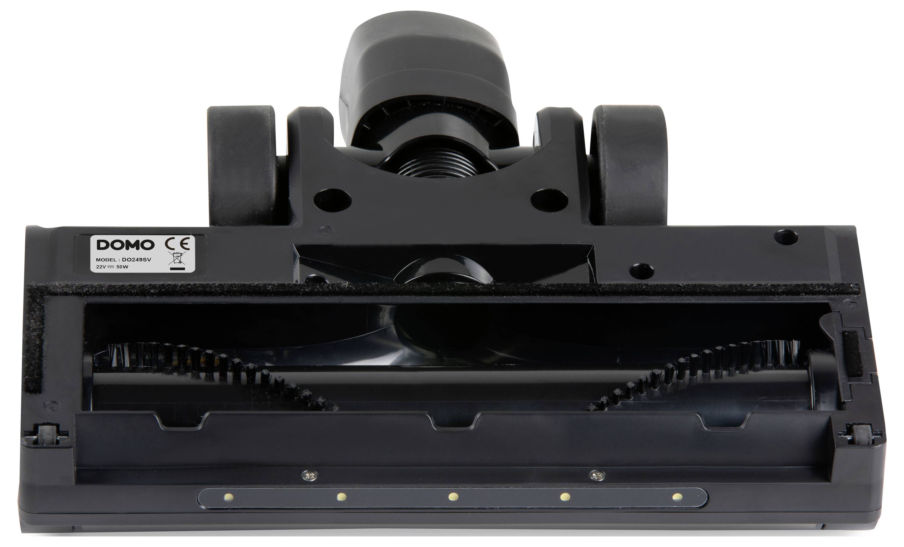 The image shows the underside of a black vacuum cleaner attachment with a rotating brush, wheels, and the brand label 'DOMO'.