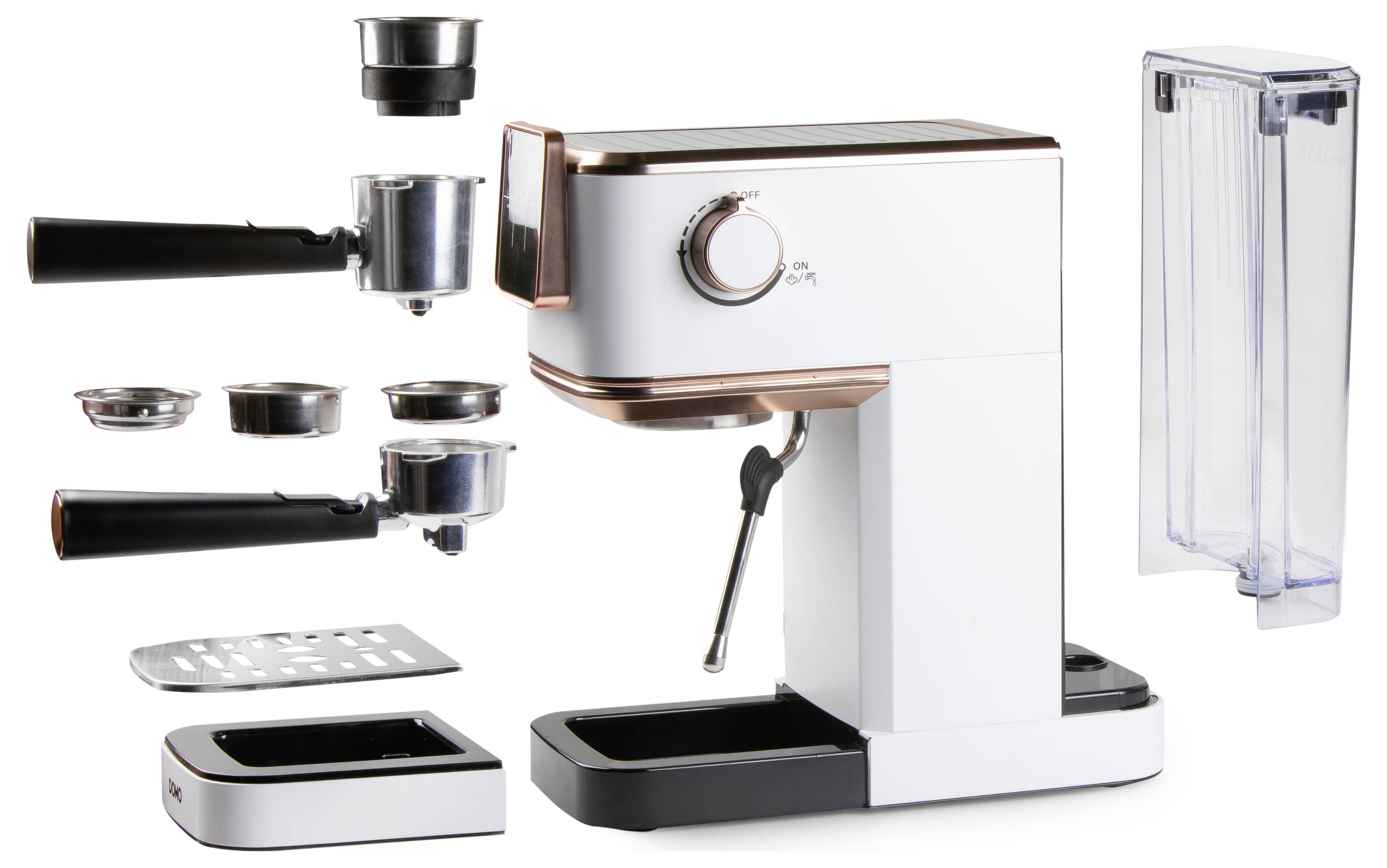 White espresso machine with copper accents, portafilters, filter baskets, and a detachable water tank, highlighting included components.