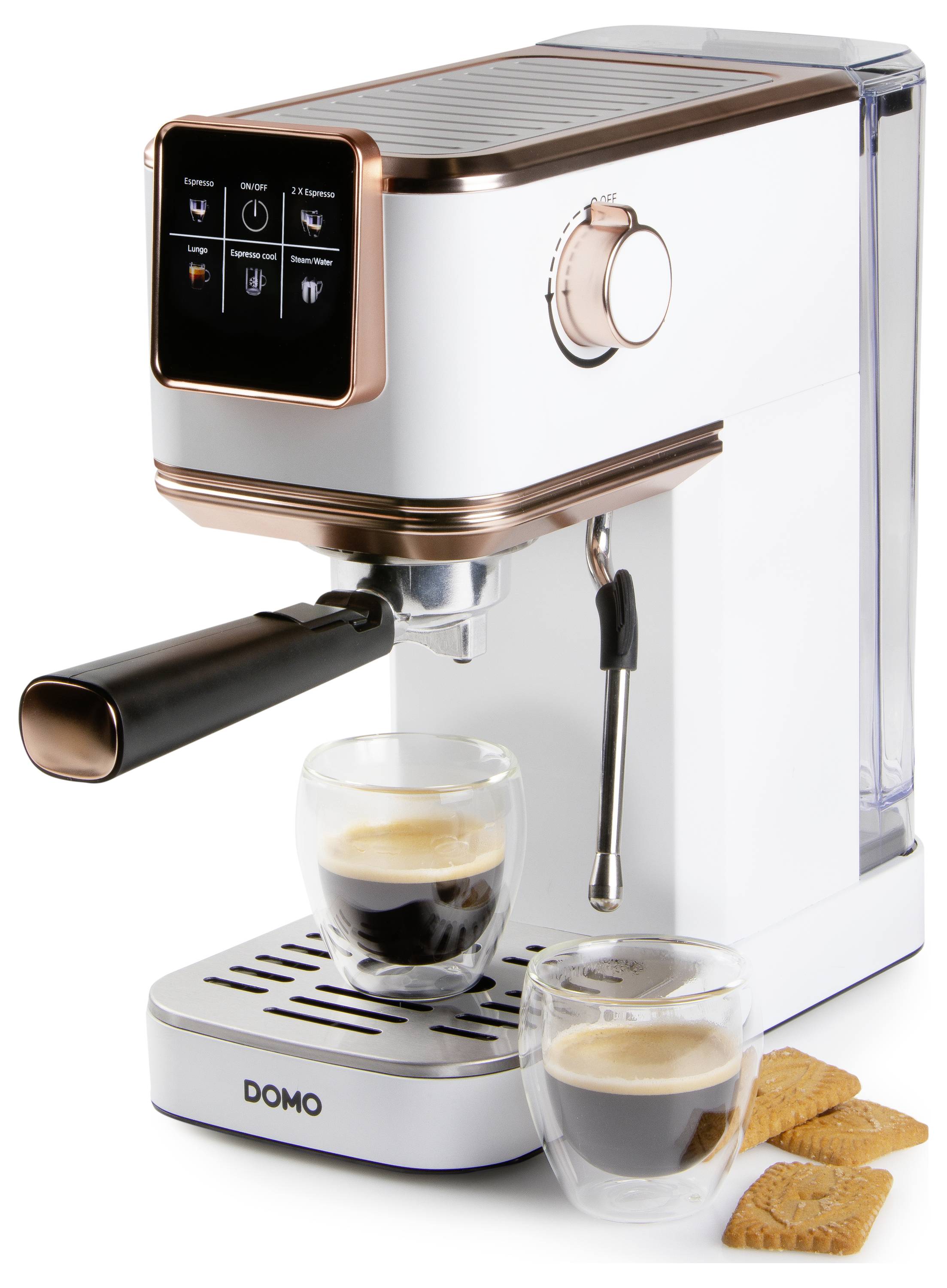 A white espresso machine with a digital control panel, brewing two cups of espresso, with two biscuits on the side.