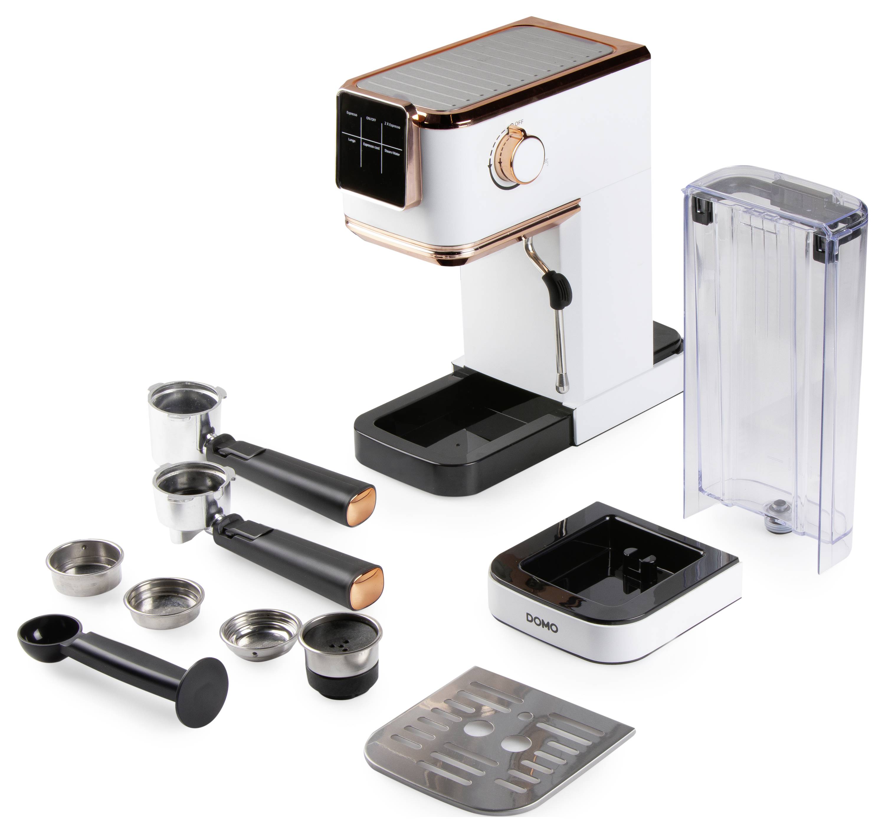 A compact espresso machine with a removable water tank and various accessories, including portafilters, filter baskets, tamper, and a drip tray.