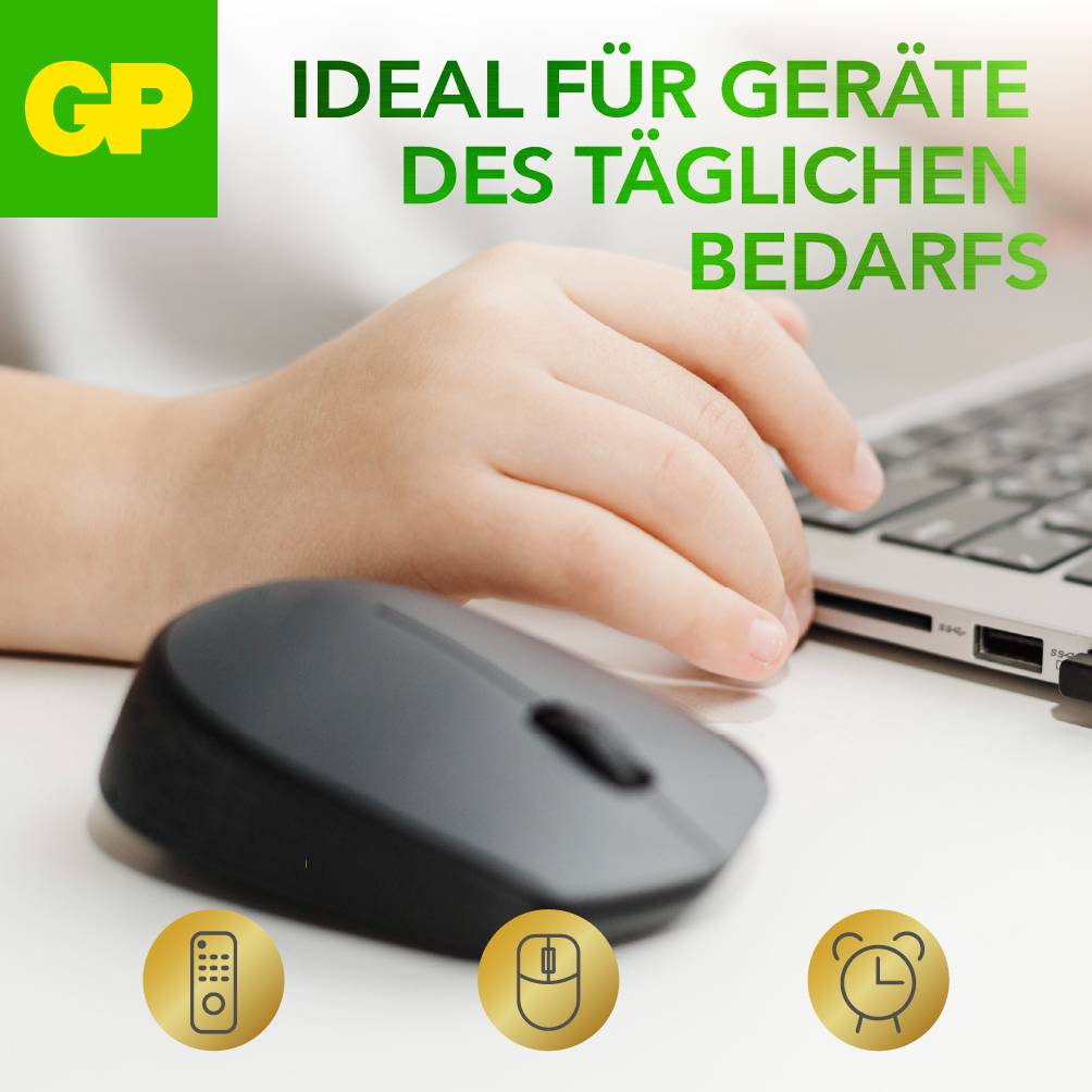 A hand is tapping on a laptop. A black mouse lies beside it. Text: 'Ideal for everyday devices'. Green GP logo in the top left.