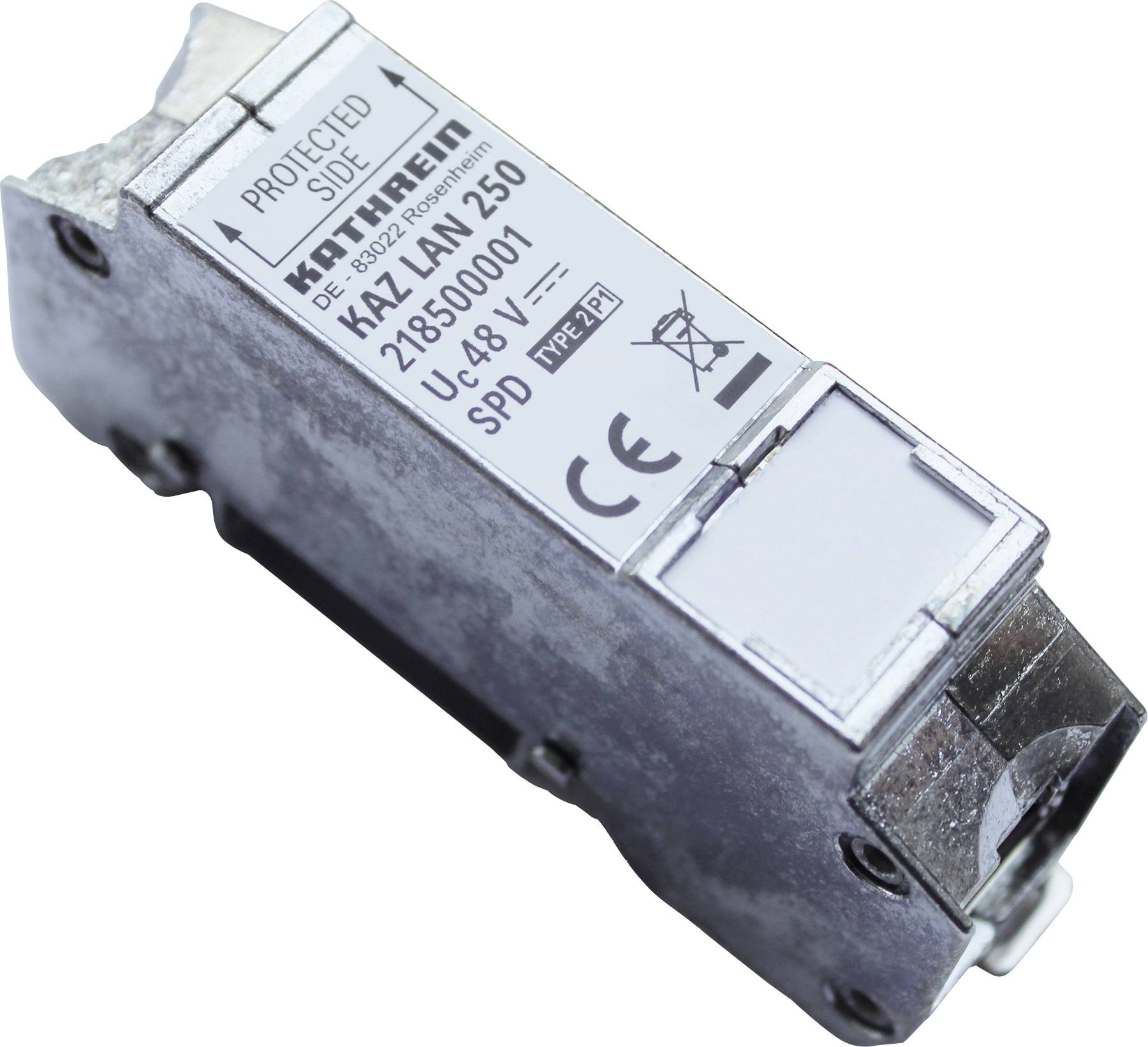 A close-up of a Kathrein surge protection device, model KAZ-LAN 250, showing technical specifications and certifications on its label.