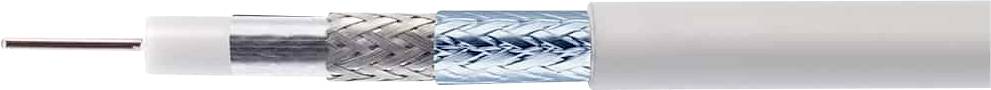 A close-up cross-section of a coaxial cable showing the conductive core, insulating layer, metal shield, and outer protective jacket.