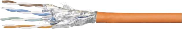 Close-up of an orange Ethernet cable with exposed twisted pairs and silver shielding.