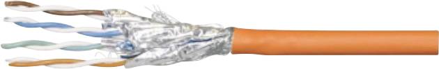 Four twisted-pair copper wires with orange insulation, partially exposed with foil shielding, typically used for network cabling.