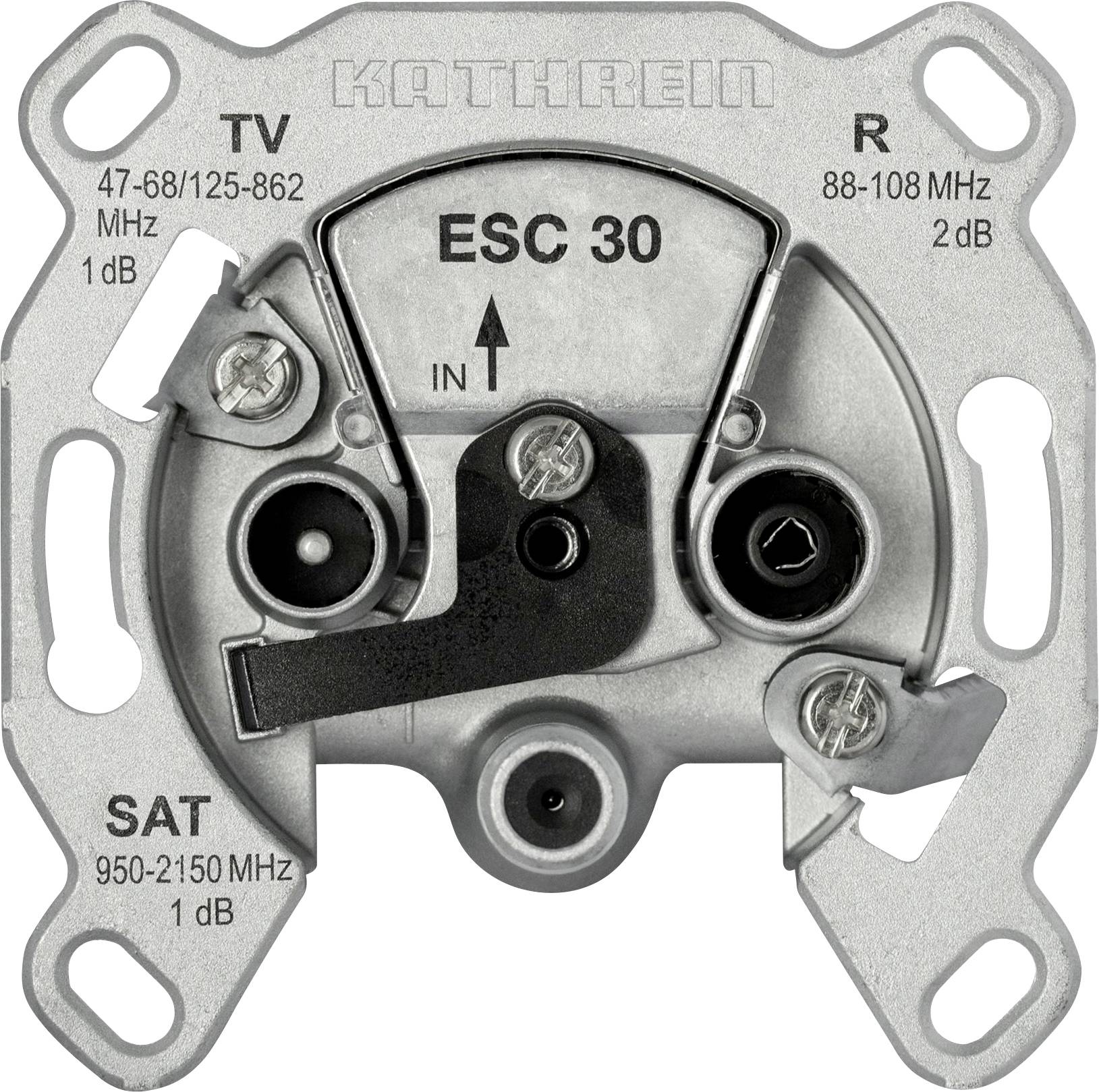 'Kathrein ESC 30' antenna socket with 'TV', 'R', and 'SAT' labels. Frequency ranges: 47-862 MHz, 88-108 MHz, and 950-2150 MHz.