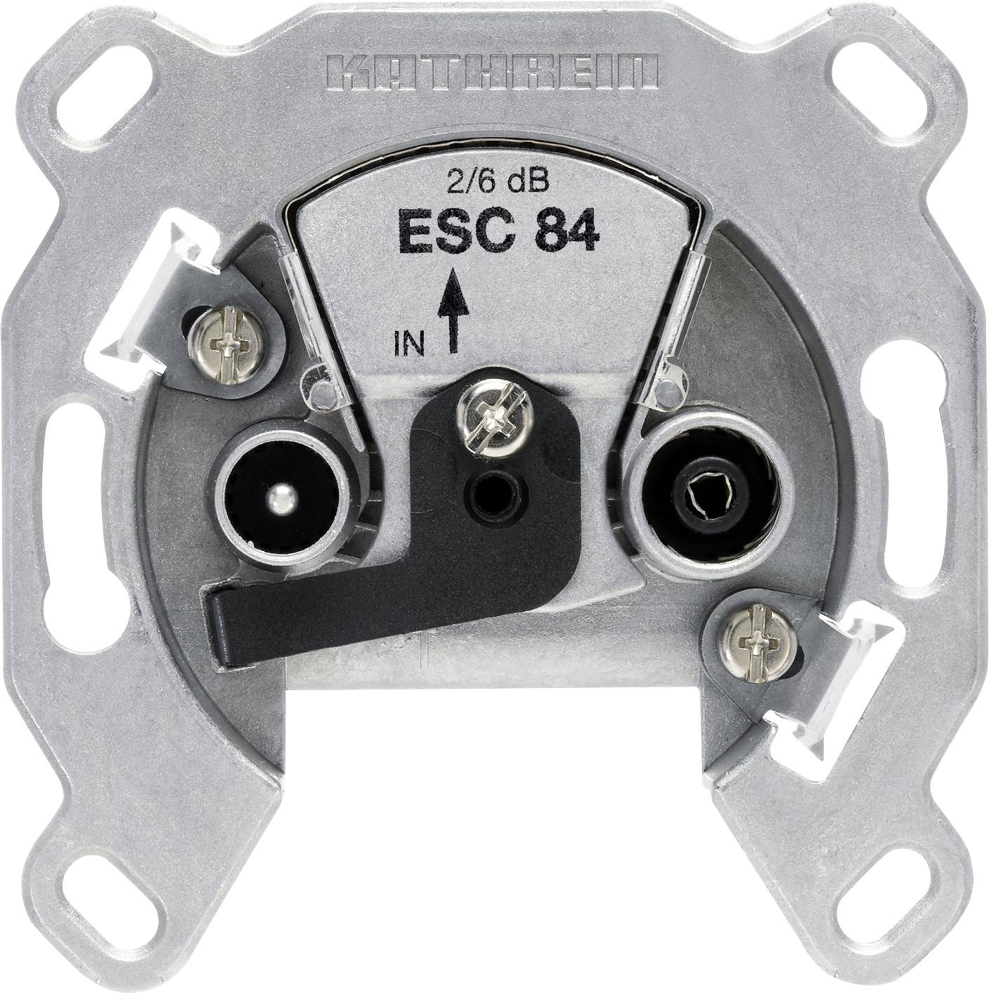 Satellite socket labeled ESC 84, with inputs marked IN and two connection points. Mounting bracket visible around the edges.