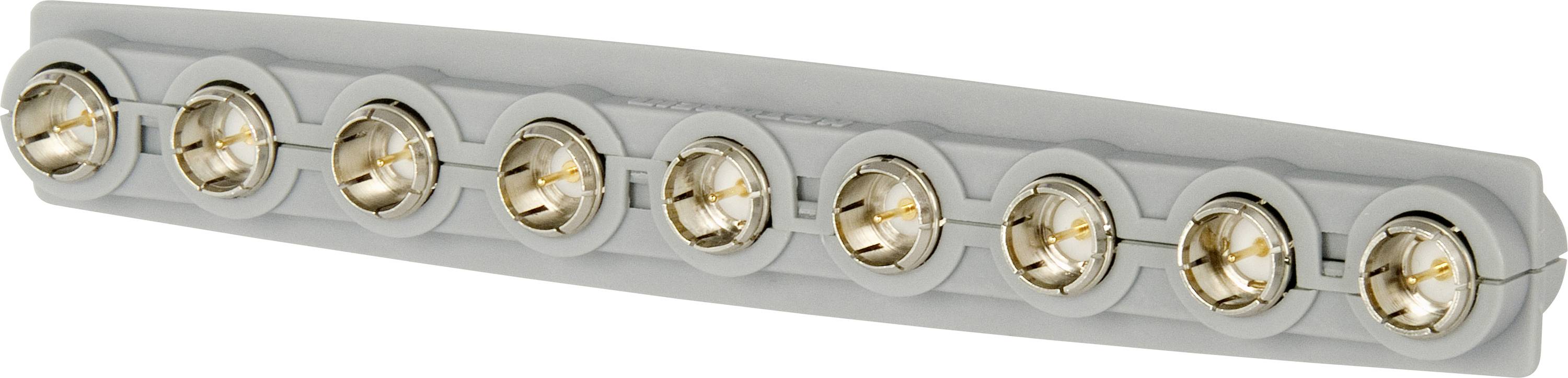 Eight empty incandescent light bulb sockets arranged in a straight line on a rectangular white base.