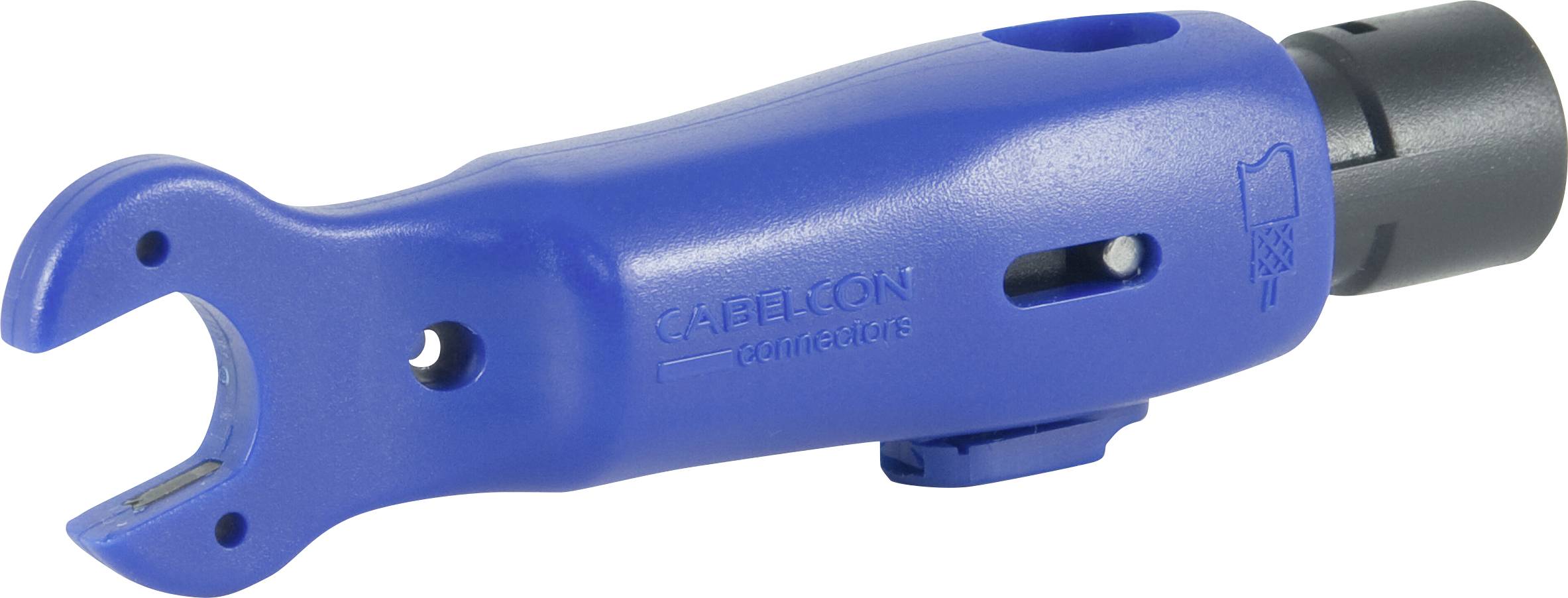 A blue coaxial cable compression tool with a U-shaped opening, used for sealing cable connectors, featuring 'Cablecon' branding.