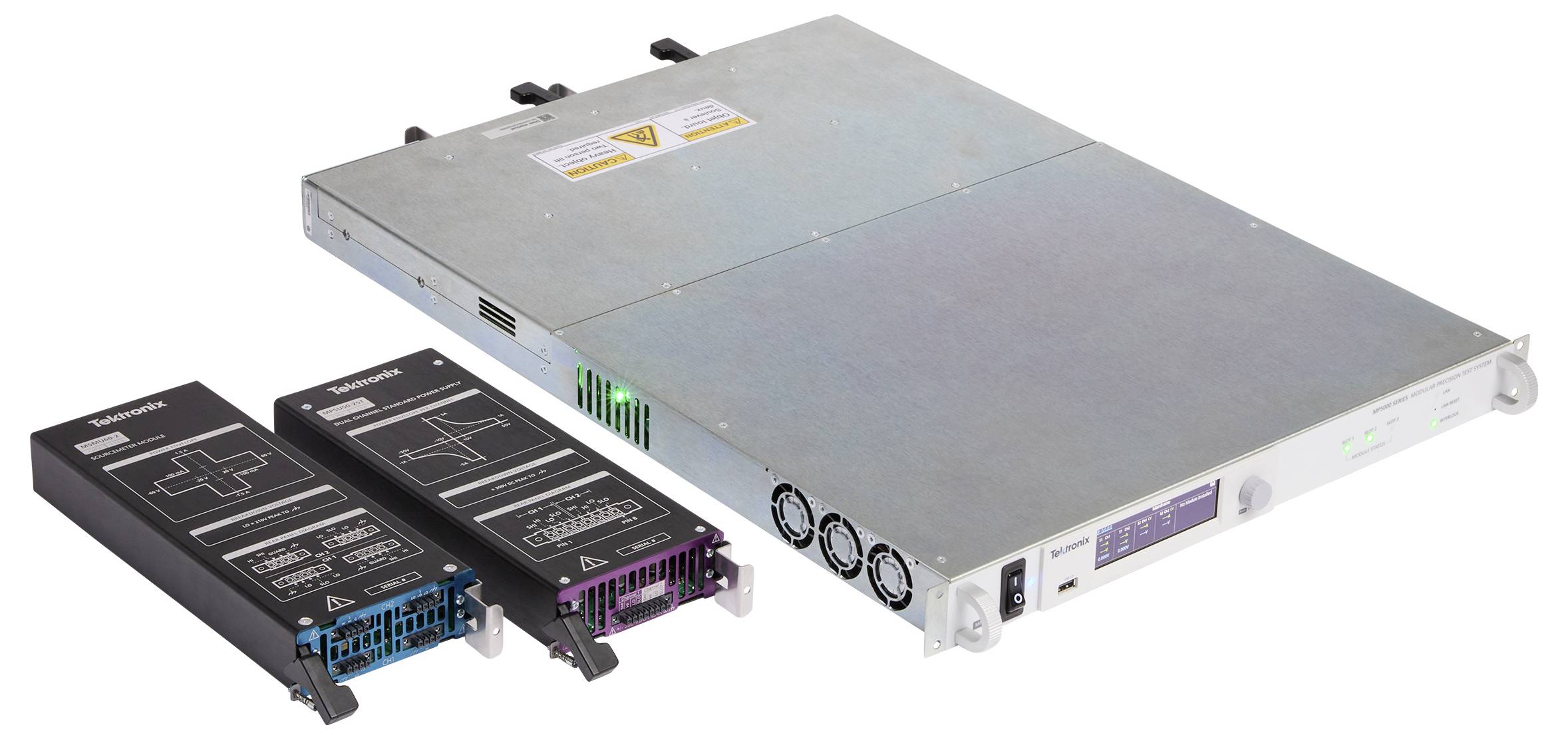 A rectangular electronic device with metal casing, possibly a server or network equipment, alongside two battery units labeled for emergency power.