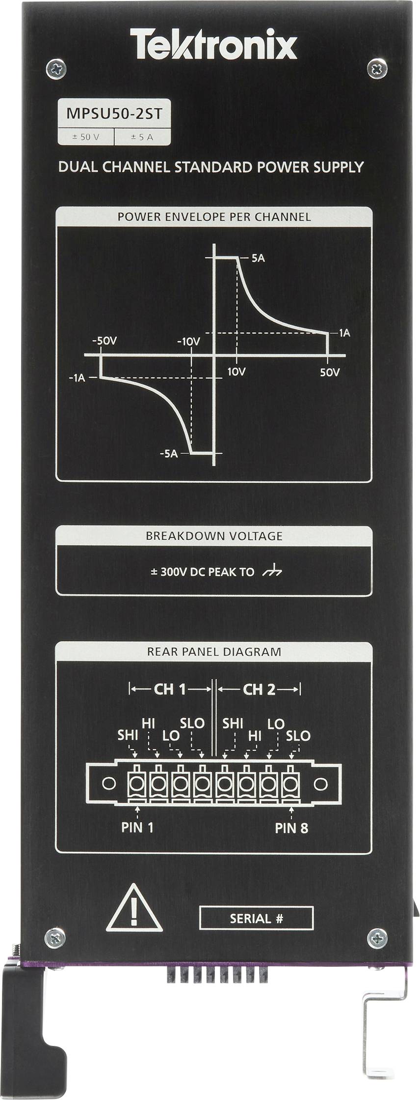 Tektronix MPSU50-2ST dual channel power supply panel showing power envelope, breakdown voltage of ±300V DC peak, and rear panel diagram with channel pins.